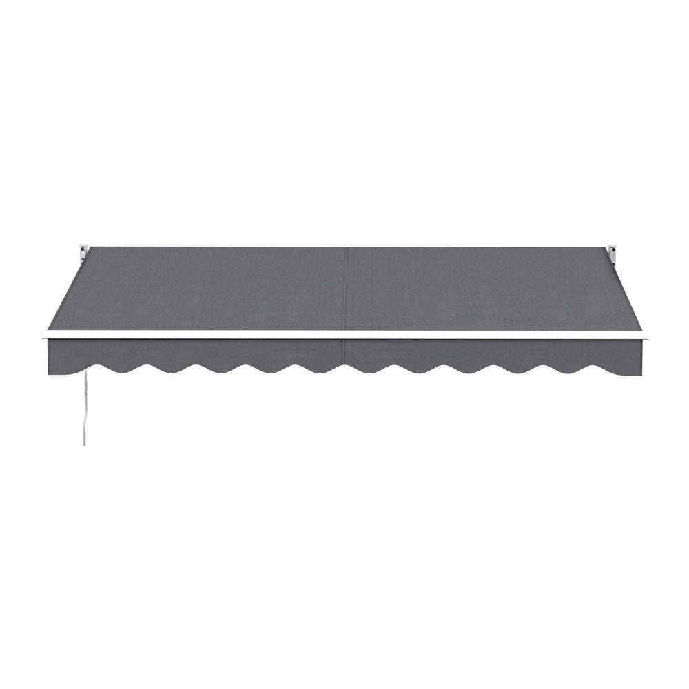 Grey retractable folding arm awning with scalloped valance and side mounting arms