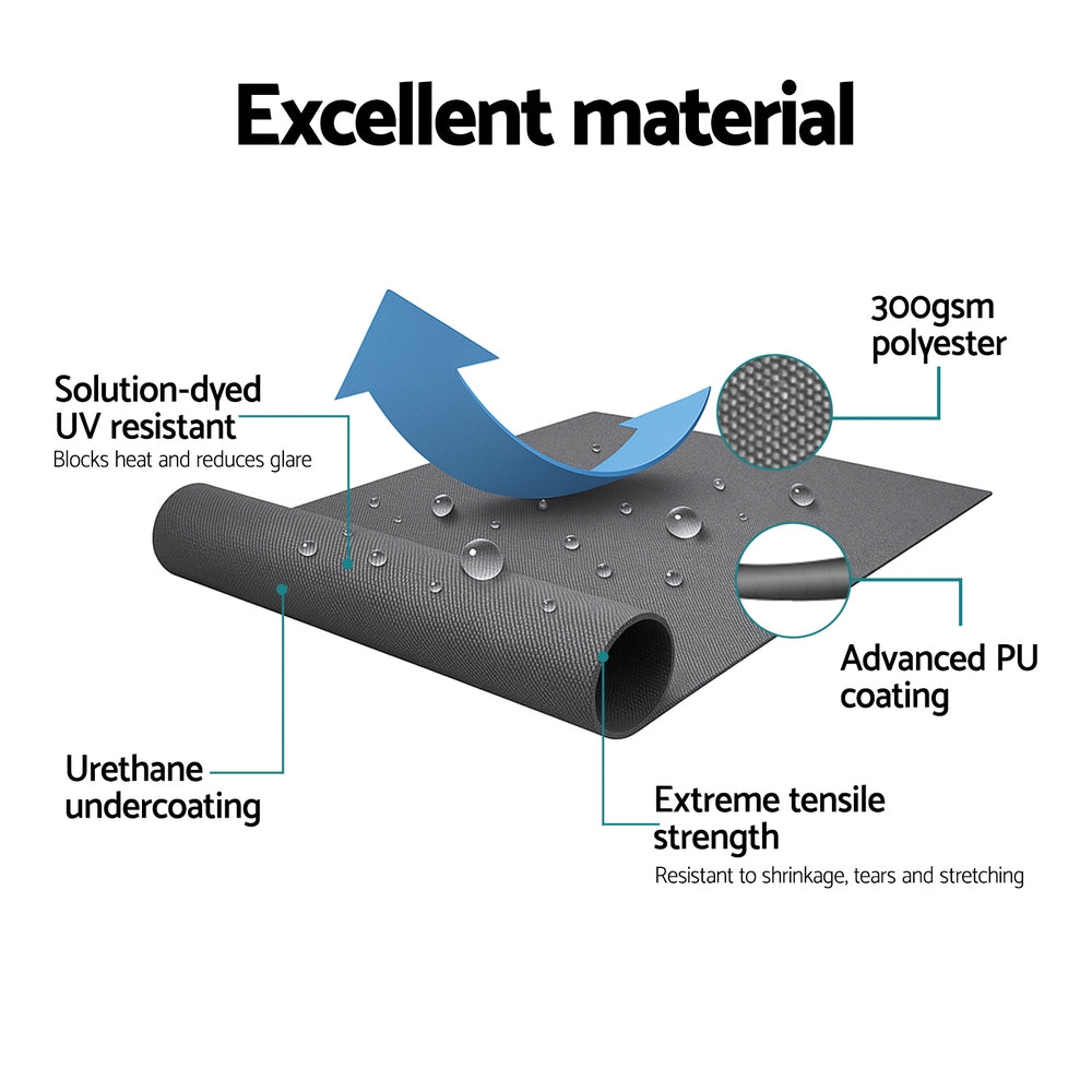 Textured grey awning fabric roll with PU coating and UV-resistant material diagram