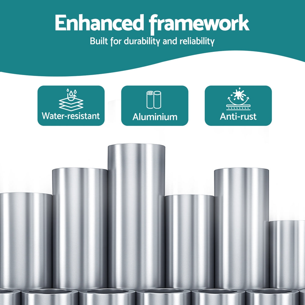 Aluminium awning frame with multiple smooth cylindrical support posts