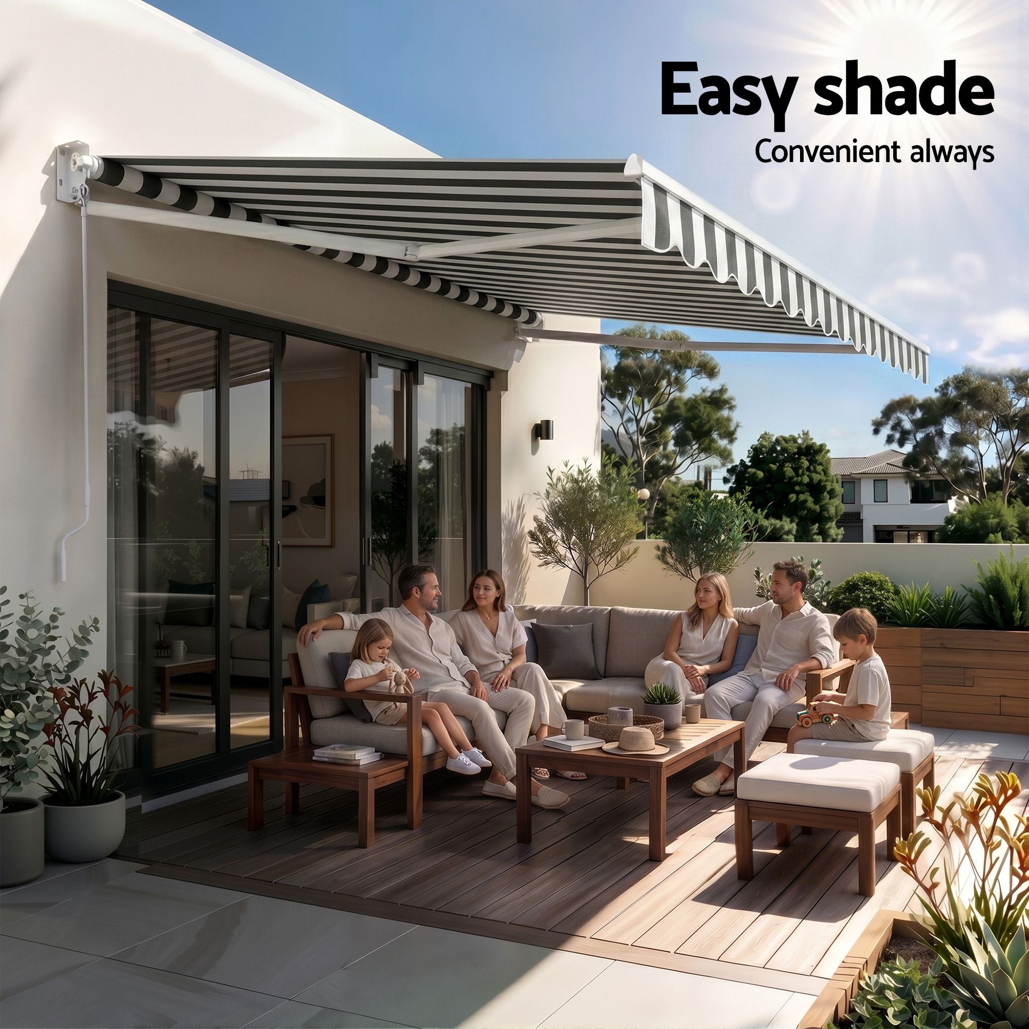 Instahut Retractable Folding Arm Awning Motorised Sunshade 4.5Mx3M Grey White Bedworld