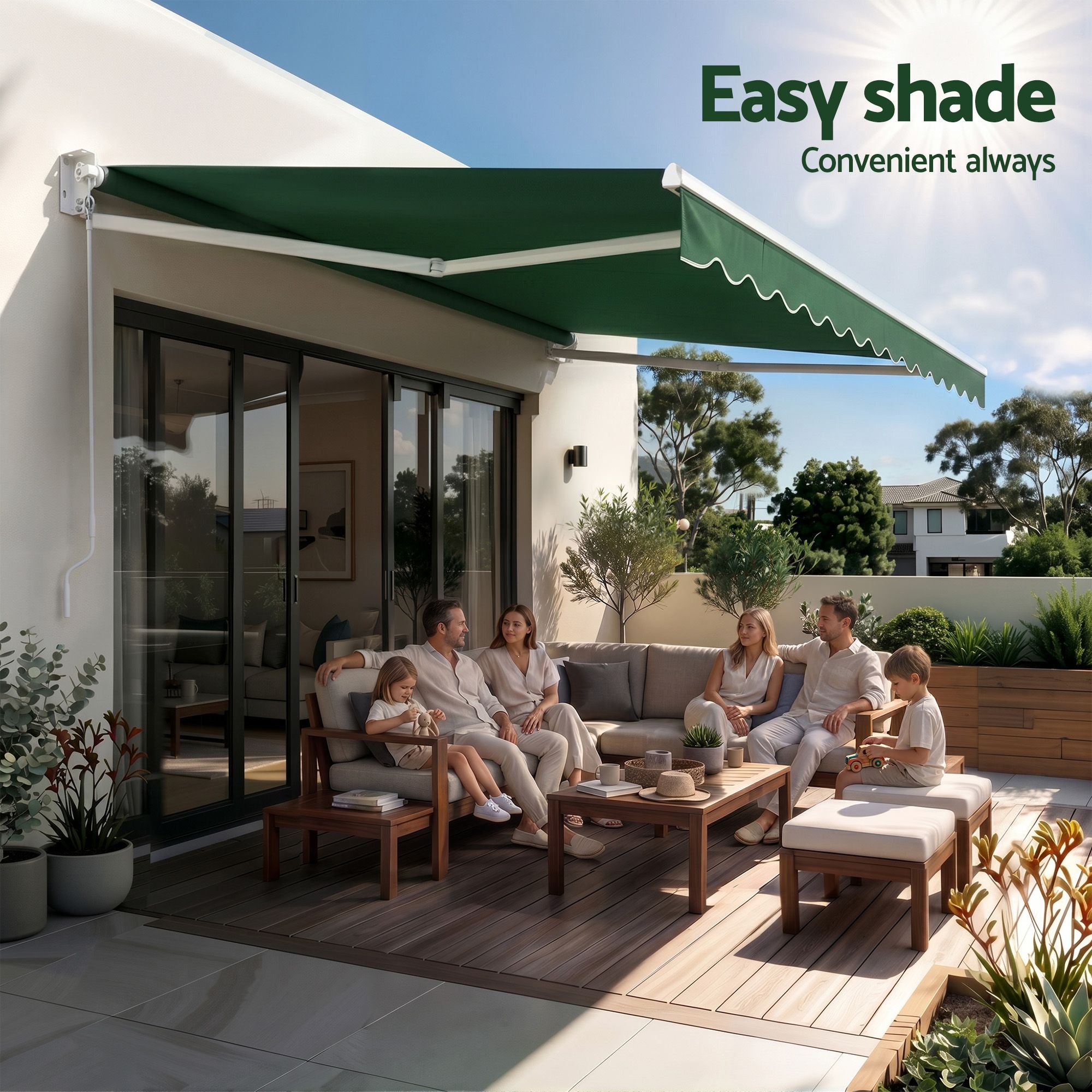 Instahut Retractable Folding Arm Awning Motorised Sunshade 5Mx3M Dark Green Bedworld