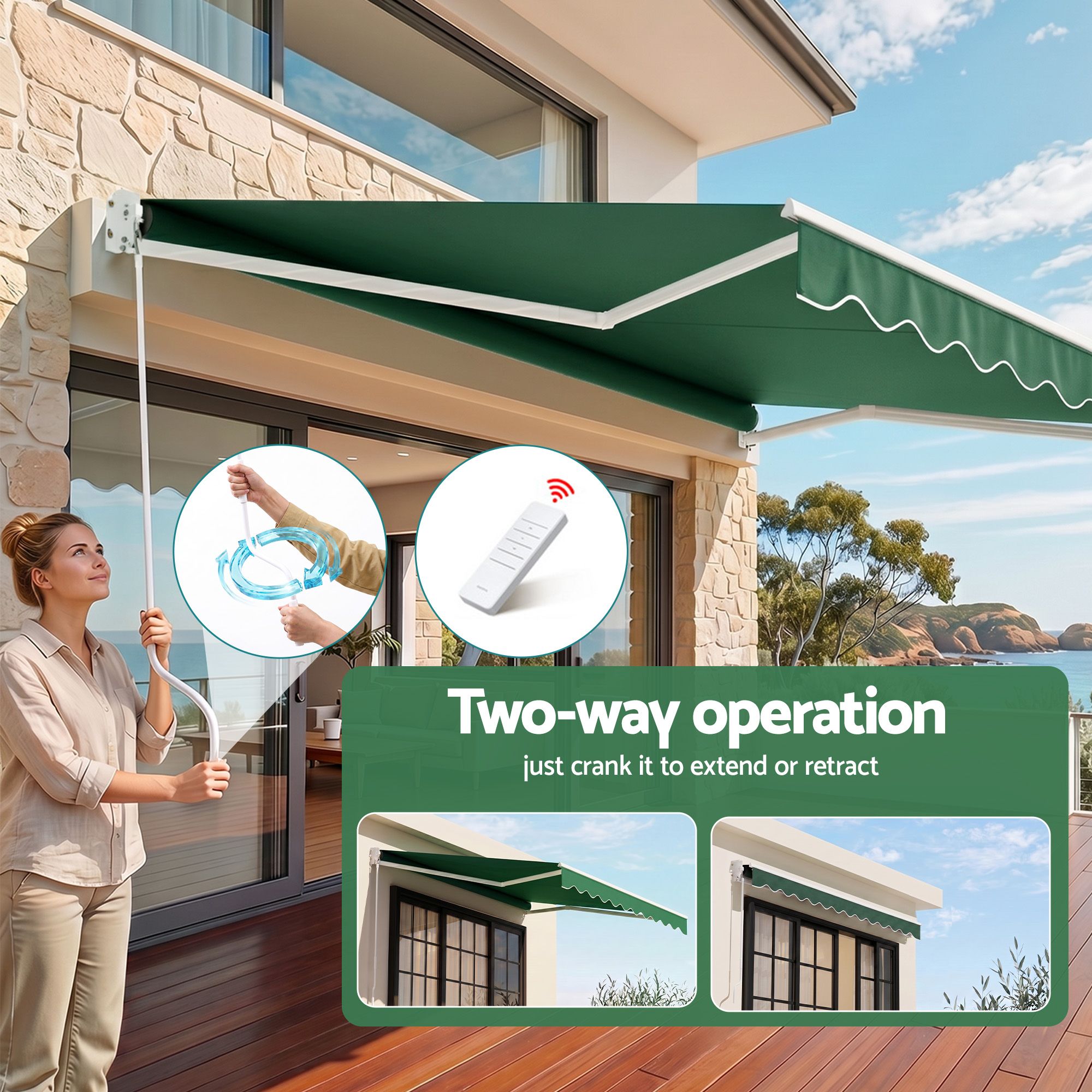Instahut Retractable Folding Arm Awning Motorised Sunshade 5Mx3M Dark Green Bedworld
