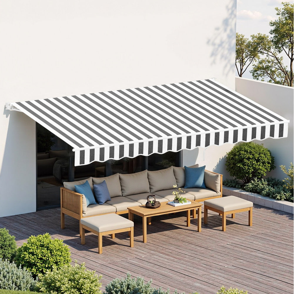 Instahut Retractable Folding Arm Awning Motorised Sunshade 5Mx3M Grey White