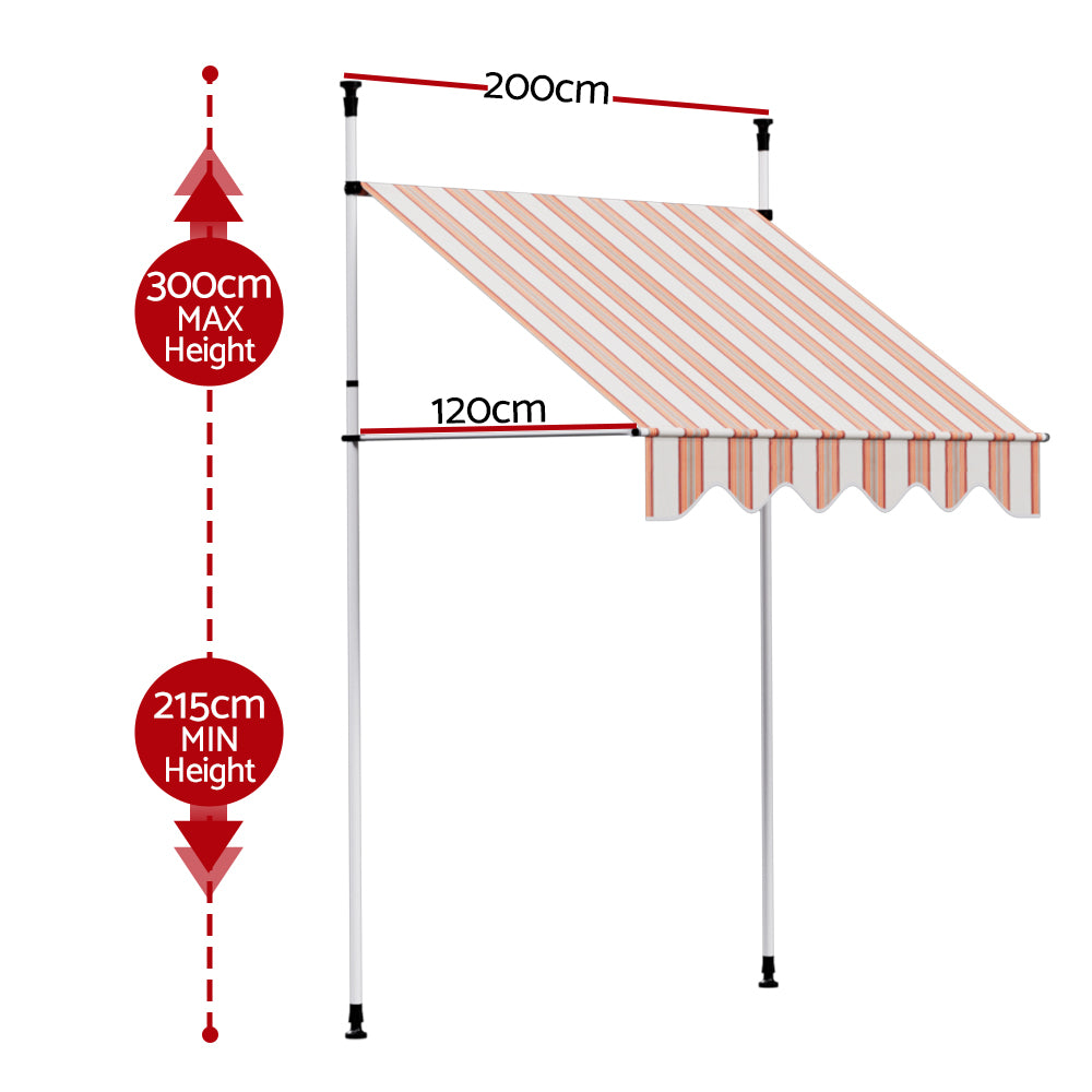 Outdoor awning with striped fabric and white frame, shown with height markings