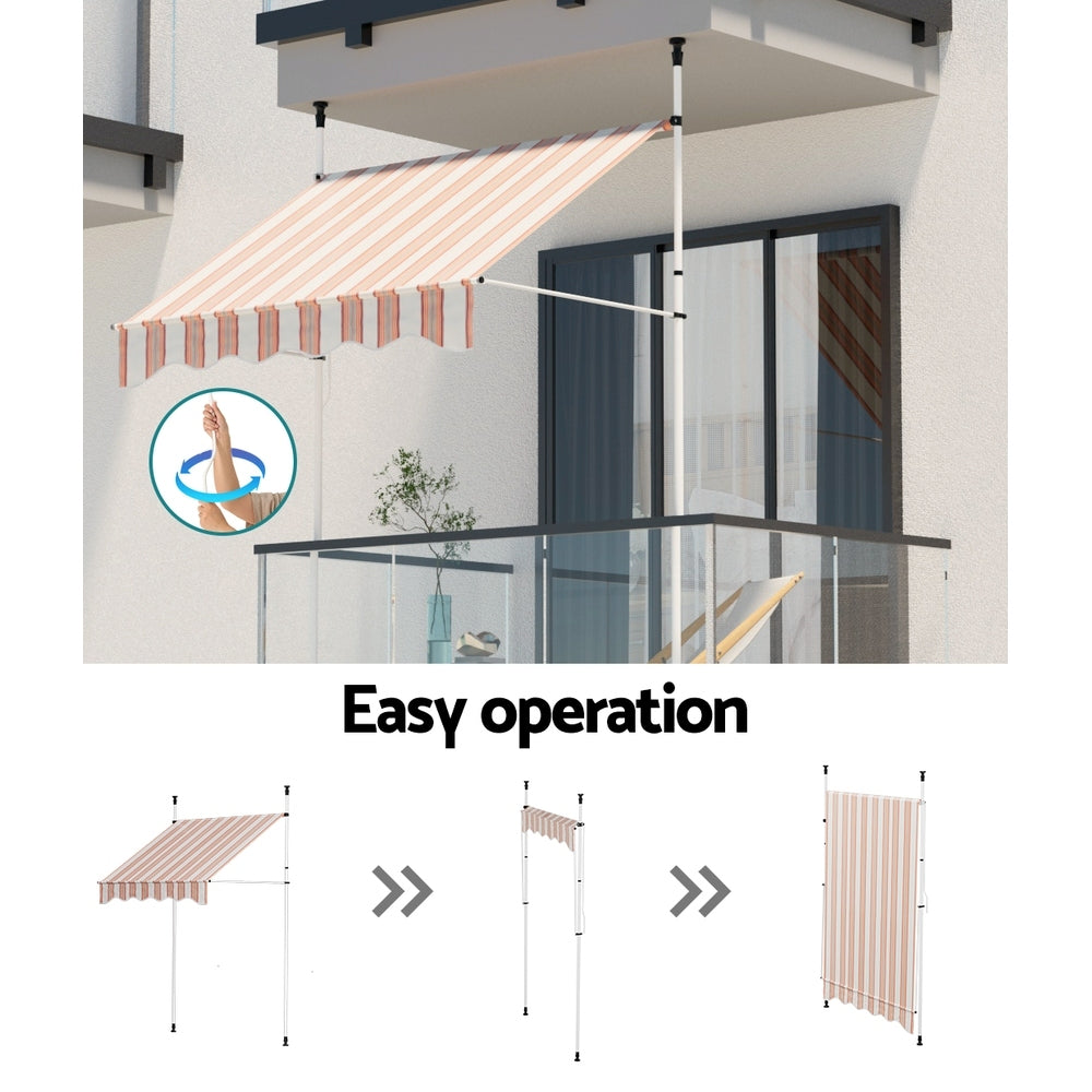 Outdoor awning shown with open/close operation steps, striped beige canopy