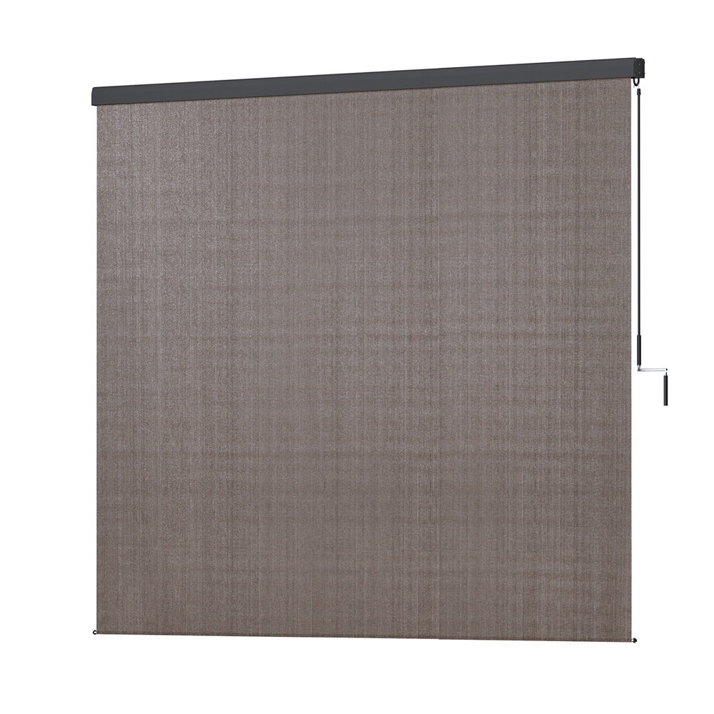 Outdoor roll-down blind with brown knit fabric and black top housing