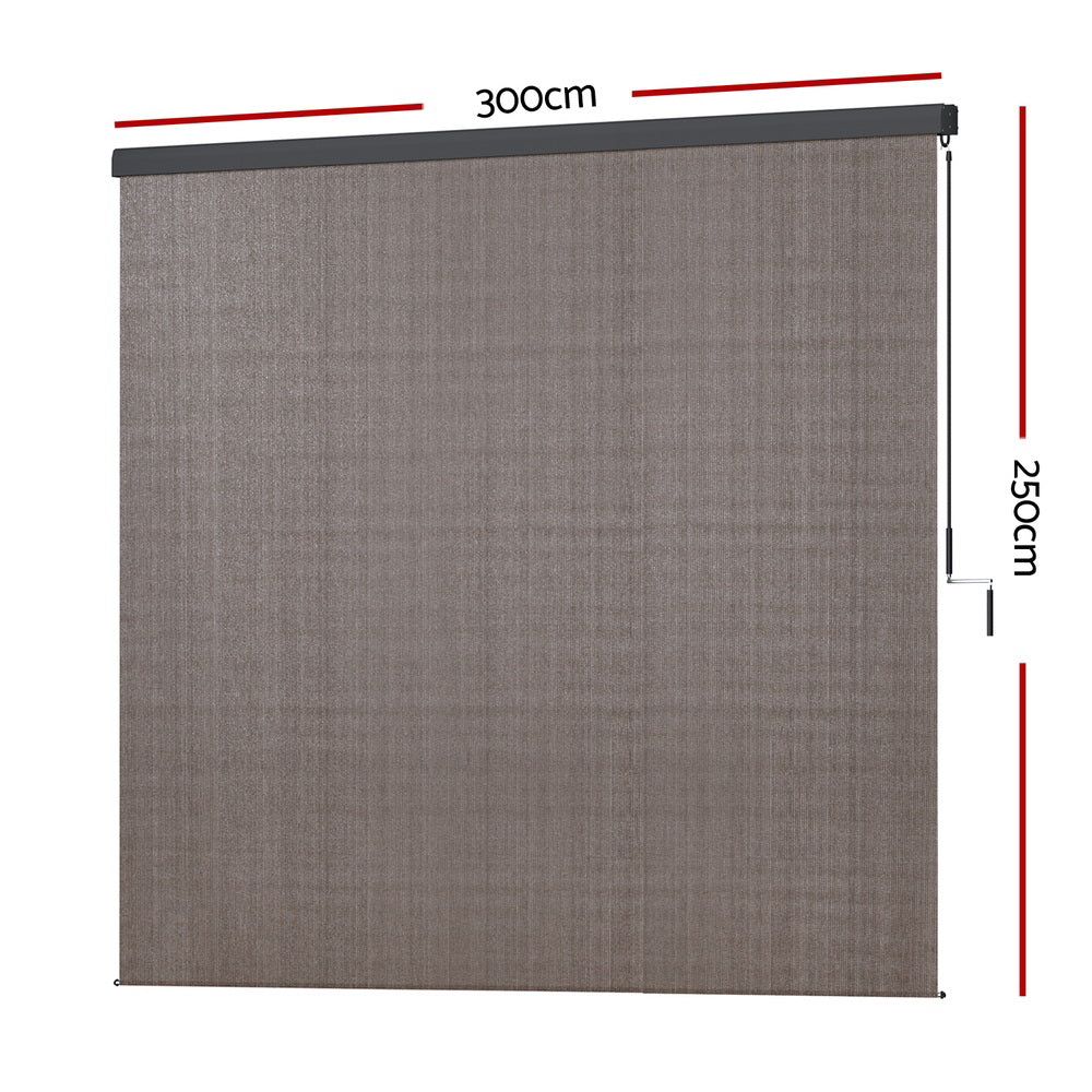 Outdoor roll-down blind, 300x150cm, brown knit fabric with black top housing