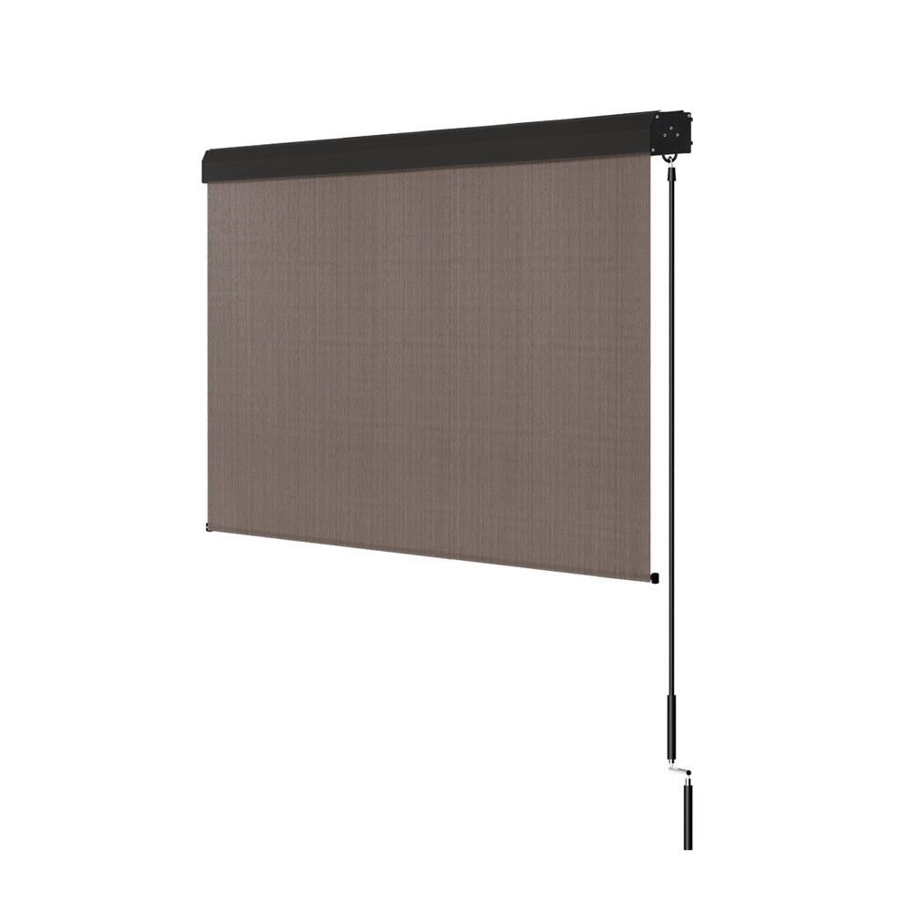 Outdoor roll-down blind with brown knit fabric and extended pull rod