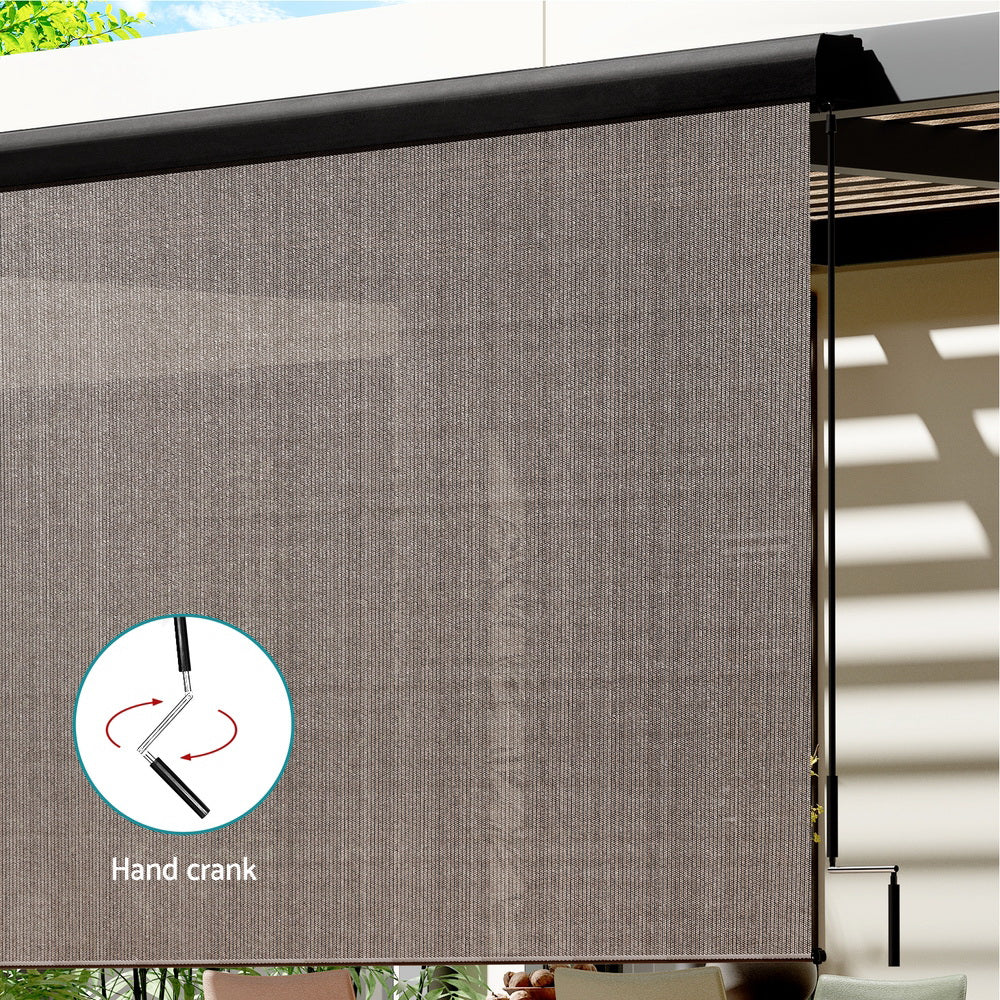 Outdoor roll-down blind corner with hand-crank control and brown knit fabric