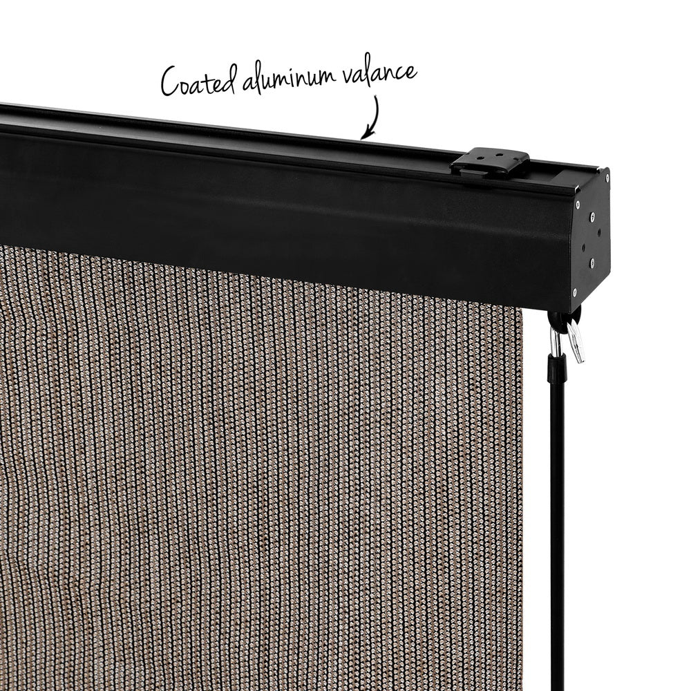 Outdoor blind top housing with coated aluminum valance and black mounting bracket