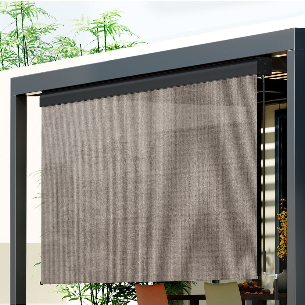 Outdoor roll-down blind with brown knit fabric in black frame