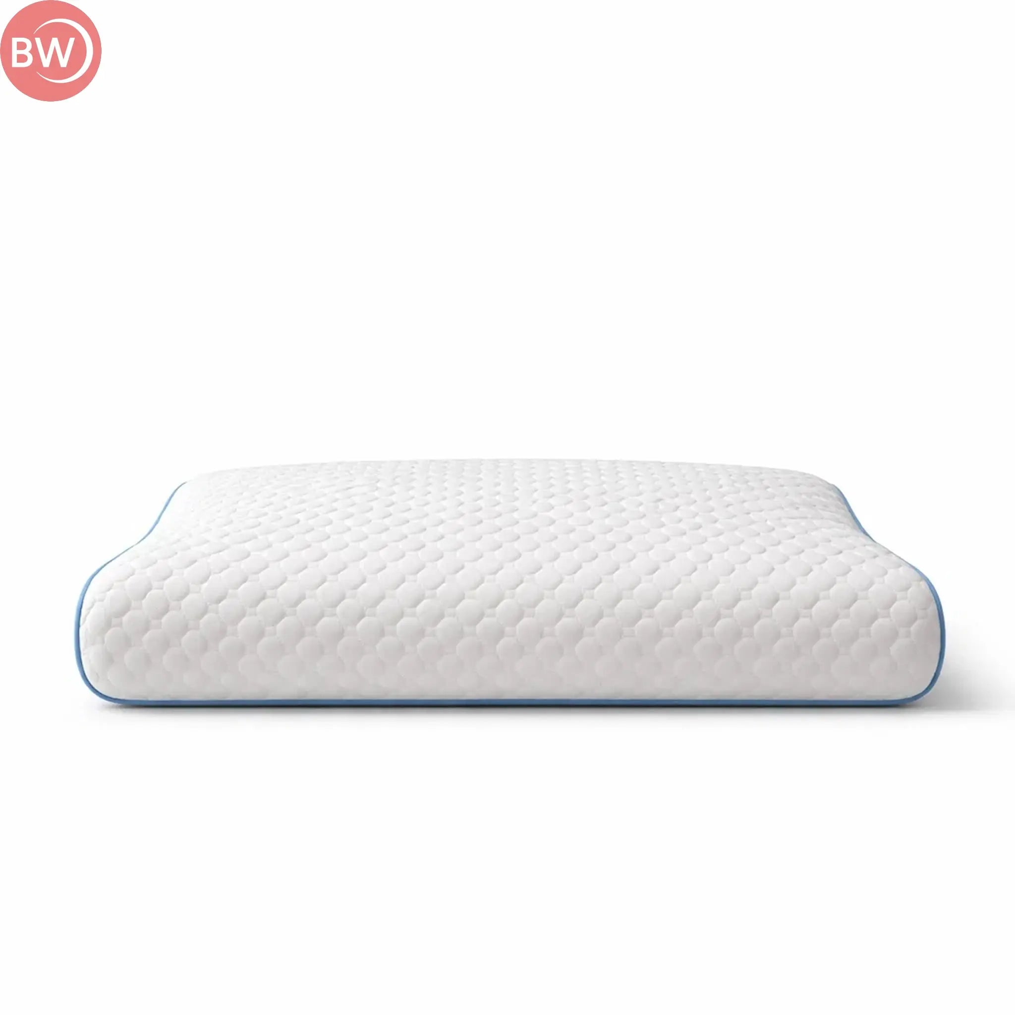White contoured cooling pillow with blue piping, low profile textured fabric