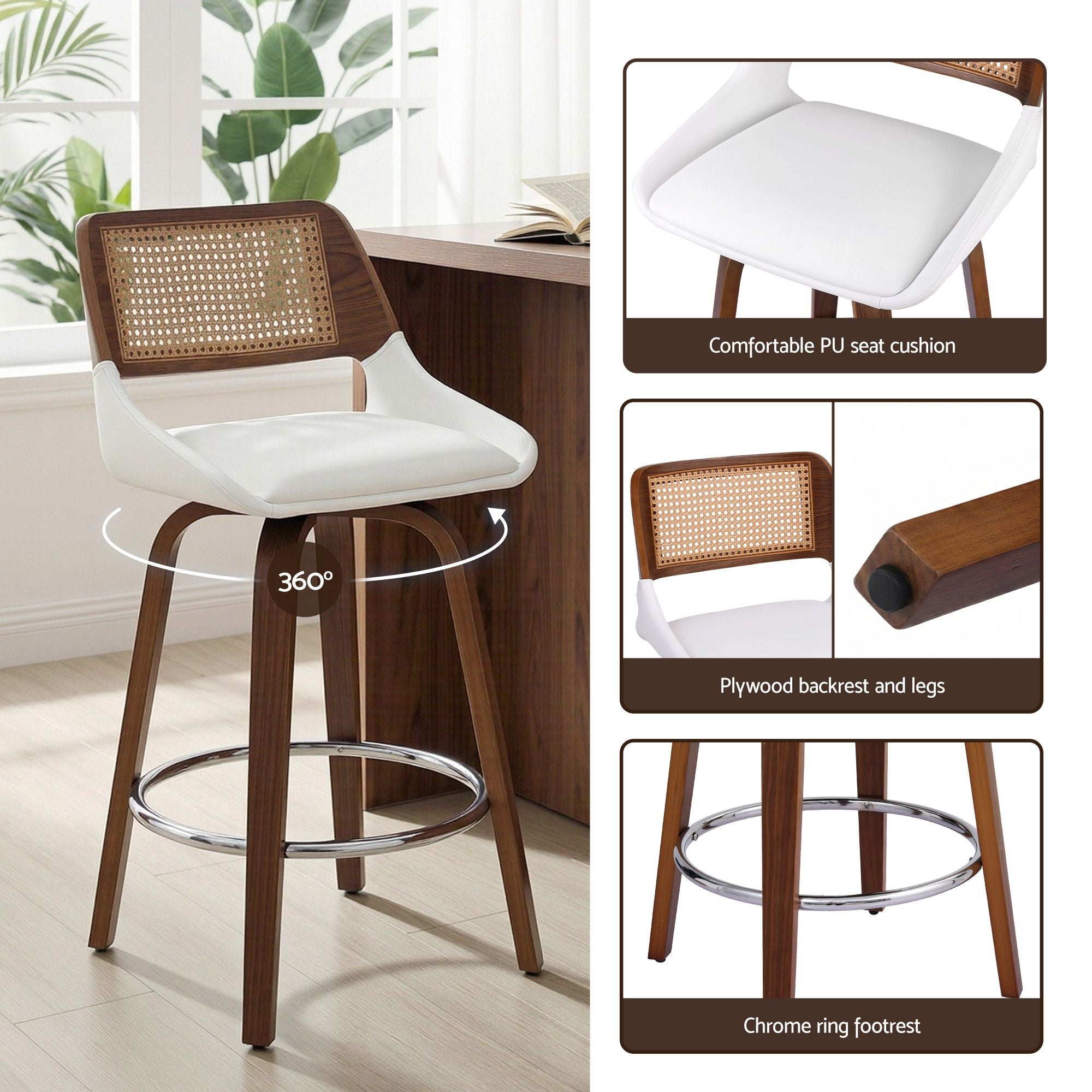 Artiss Wooden Bar Stools Set of 3 Swivel Kitchen Counter Stool Chair 60cm Seat Height Bedworld