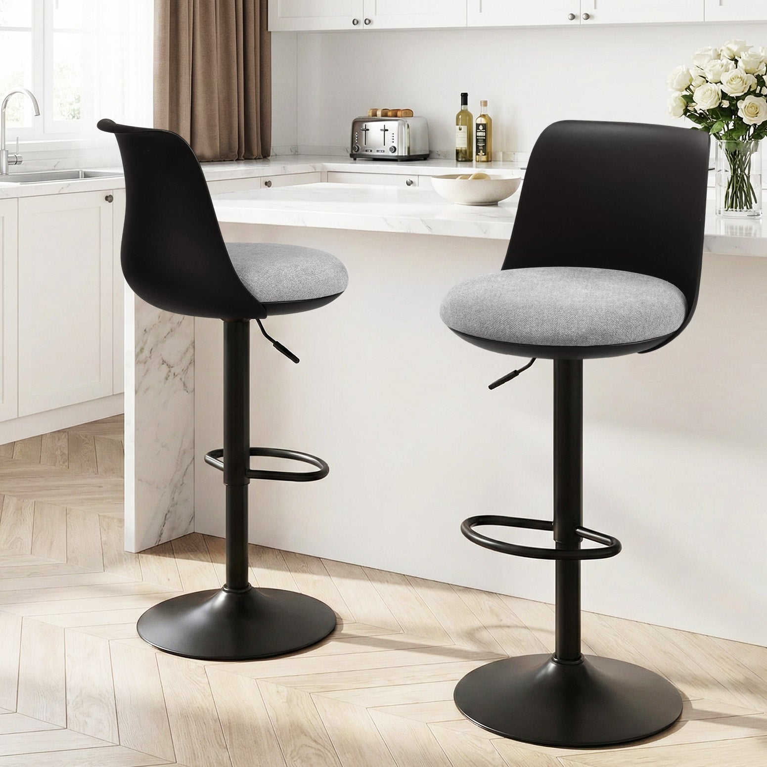 Artiss 2x Bar Stools Kitchen Swivel Gas Lift Counter Dining Chair Curved Black