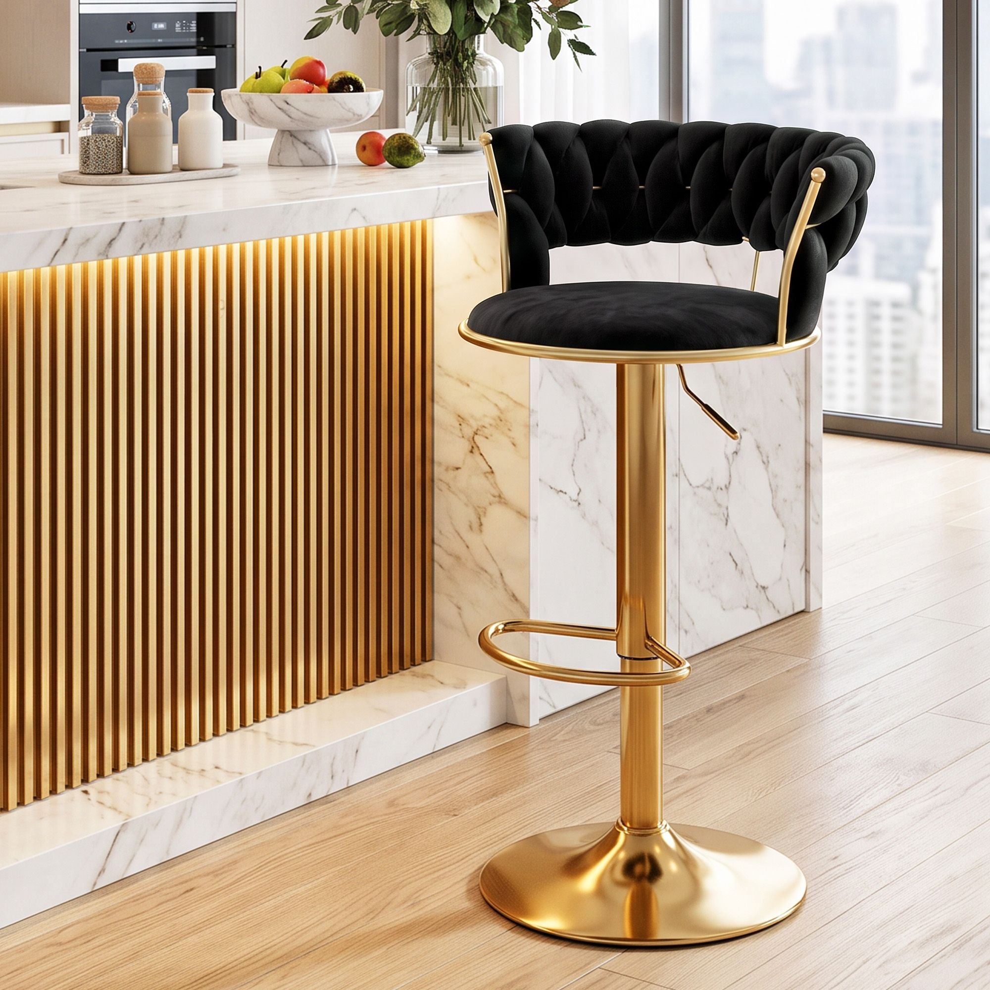 Artiss Bar Stool X1 Gas Lift Adjustable Velvet Woven Backrest Vivien Black Bedworld