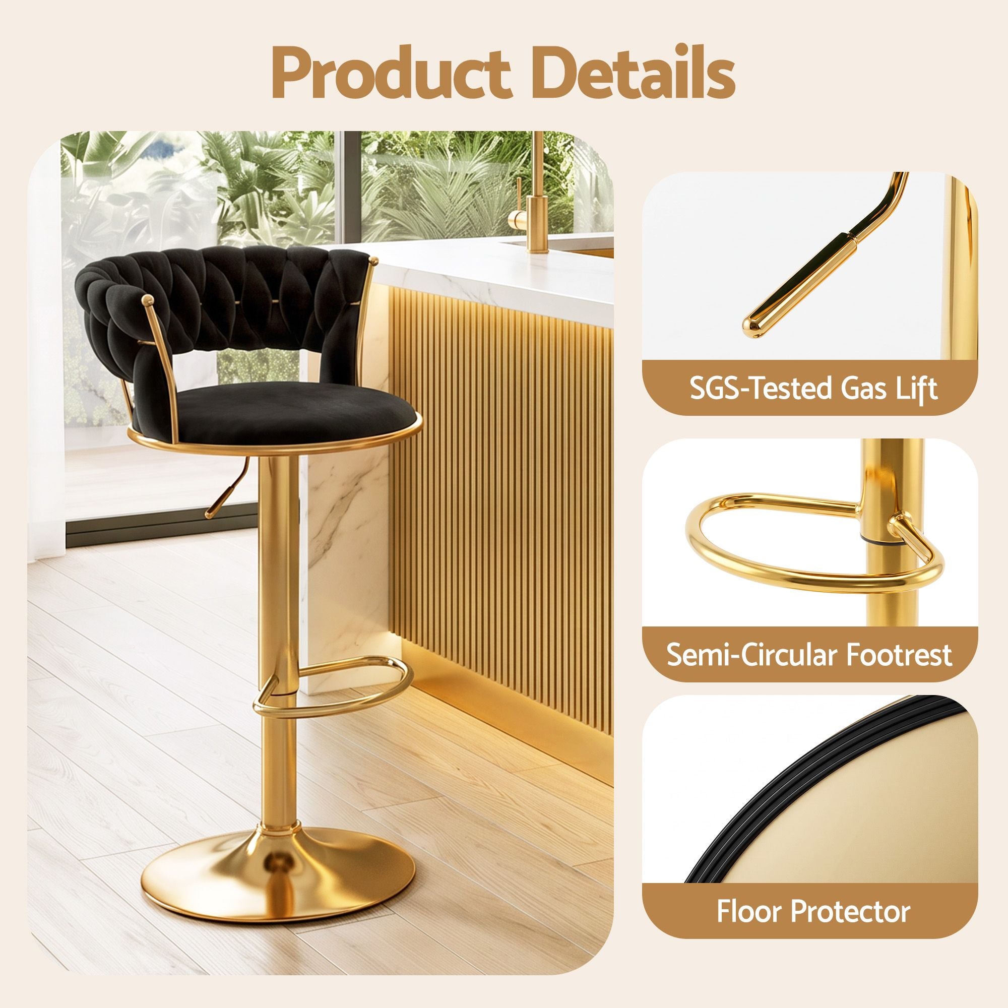 Artiss Bar Stool X1 Gas Lift Adjustable Velvet Woven Backrest Vivien Black Bedworld