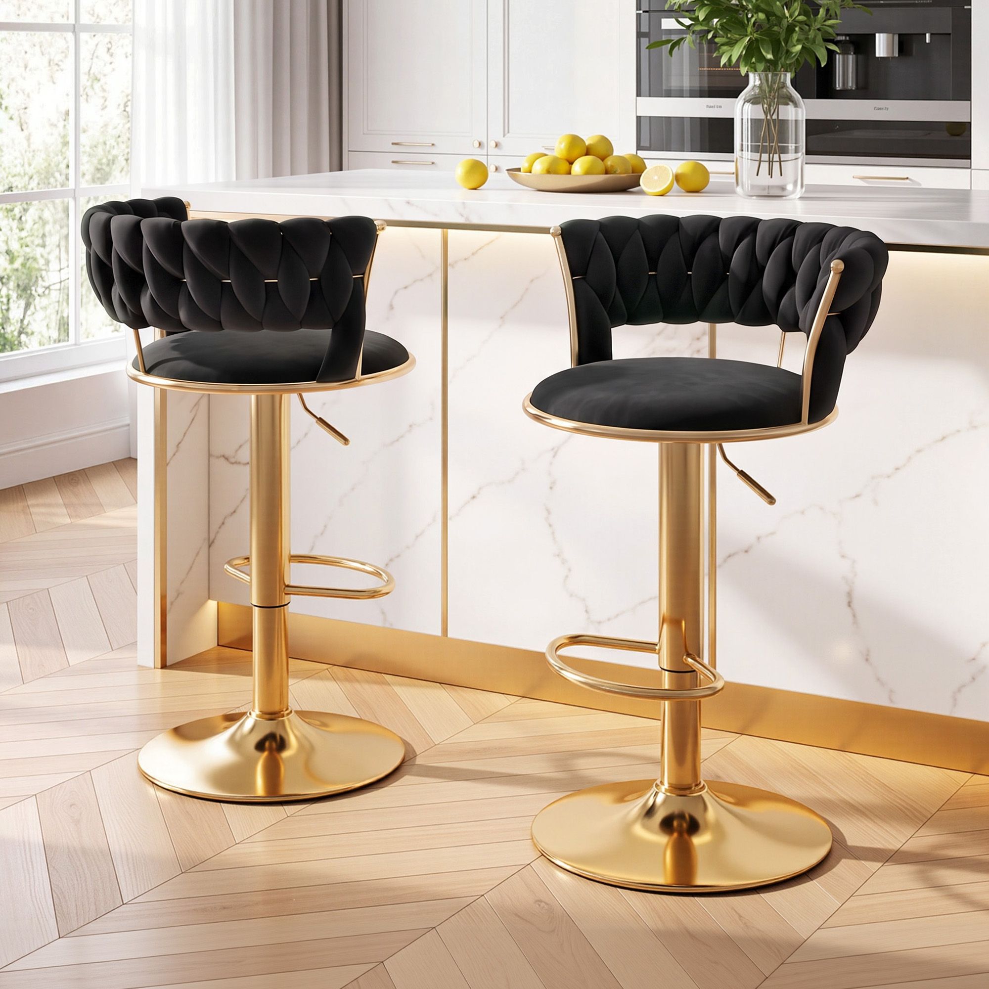 Artiss 2x Bar Stools Gas Lift Adjustable Velvet Woven Backrest Vivien Black Bedworld