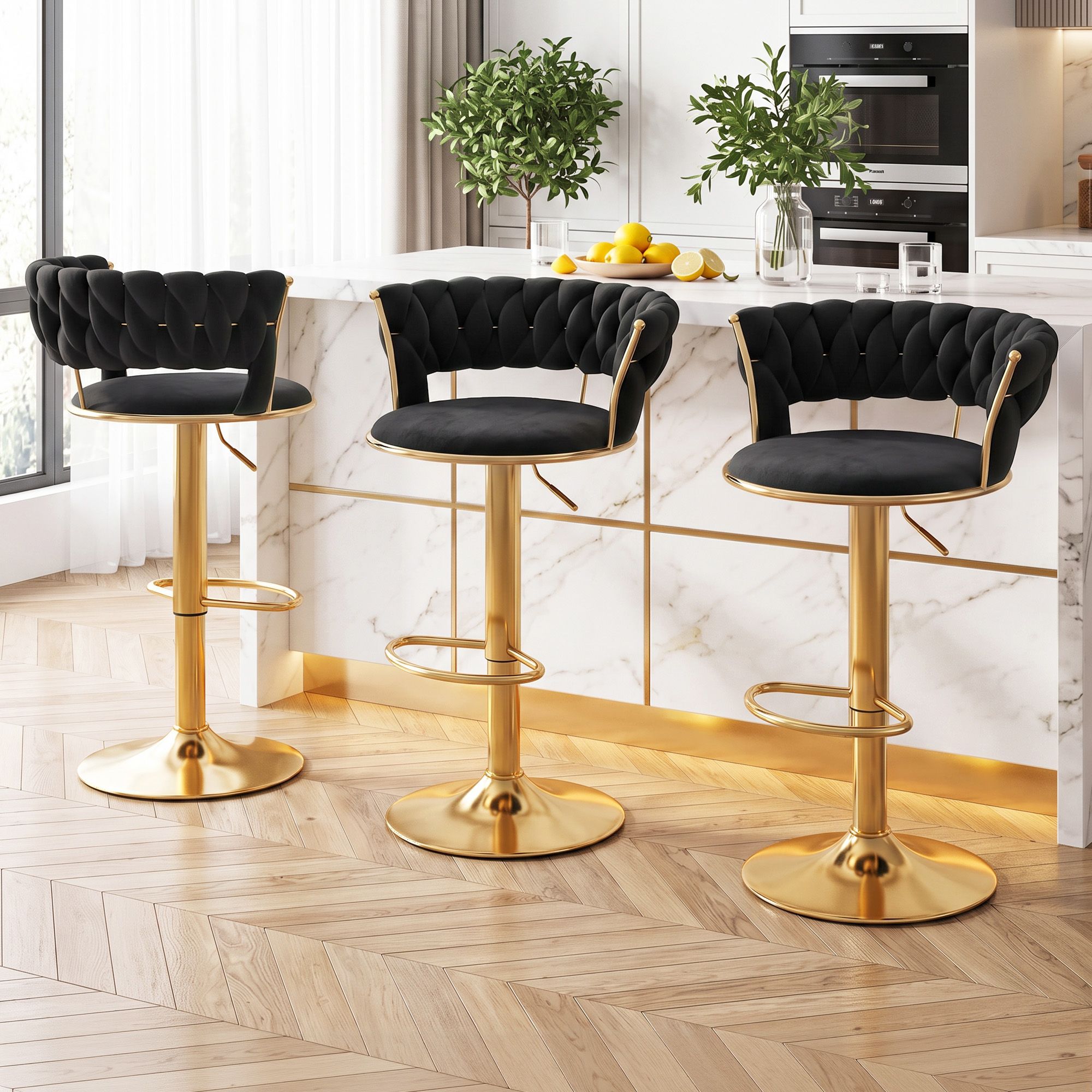 Artiss 3x Bar Stools Gas Lift Adjustable Velvet Woven Backrest Vivien Black Bedworld