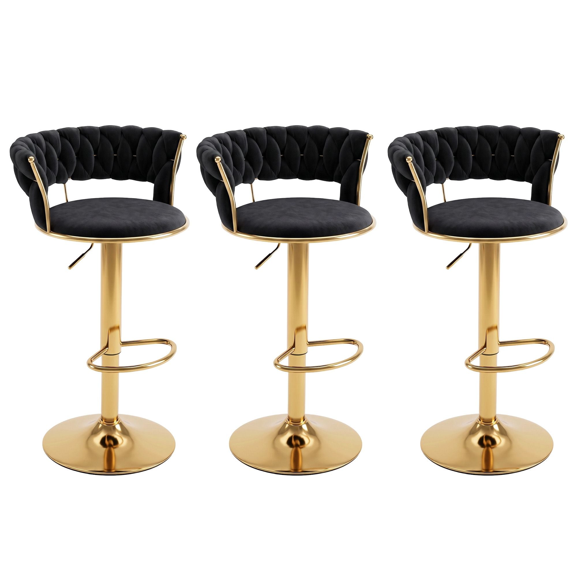 Artiss 3x Bar Stools Gas Lift Adjustable Velvet Woven Backrest Vivien Black Bedworld