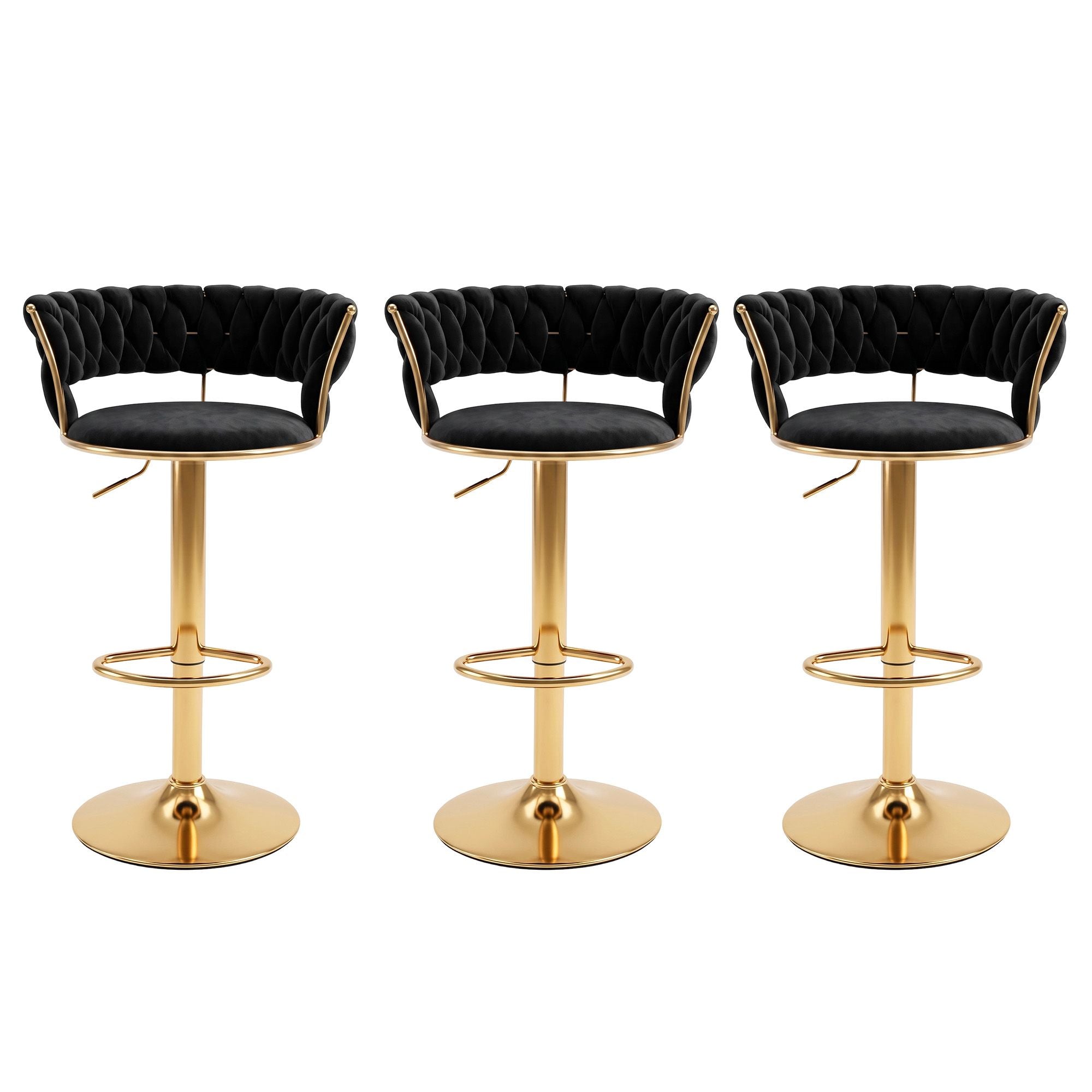 Artiss 3x Bar Stools Gas Lift Adjustable Velvet Woven Backrest Vivien Black Bedworld
