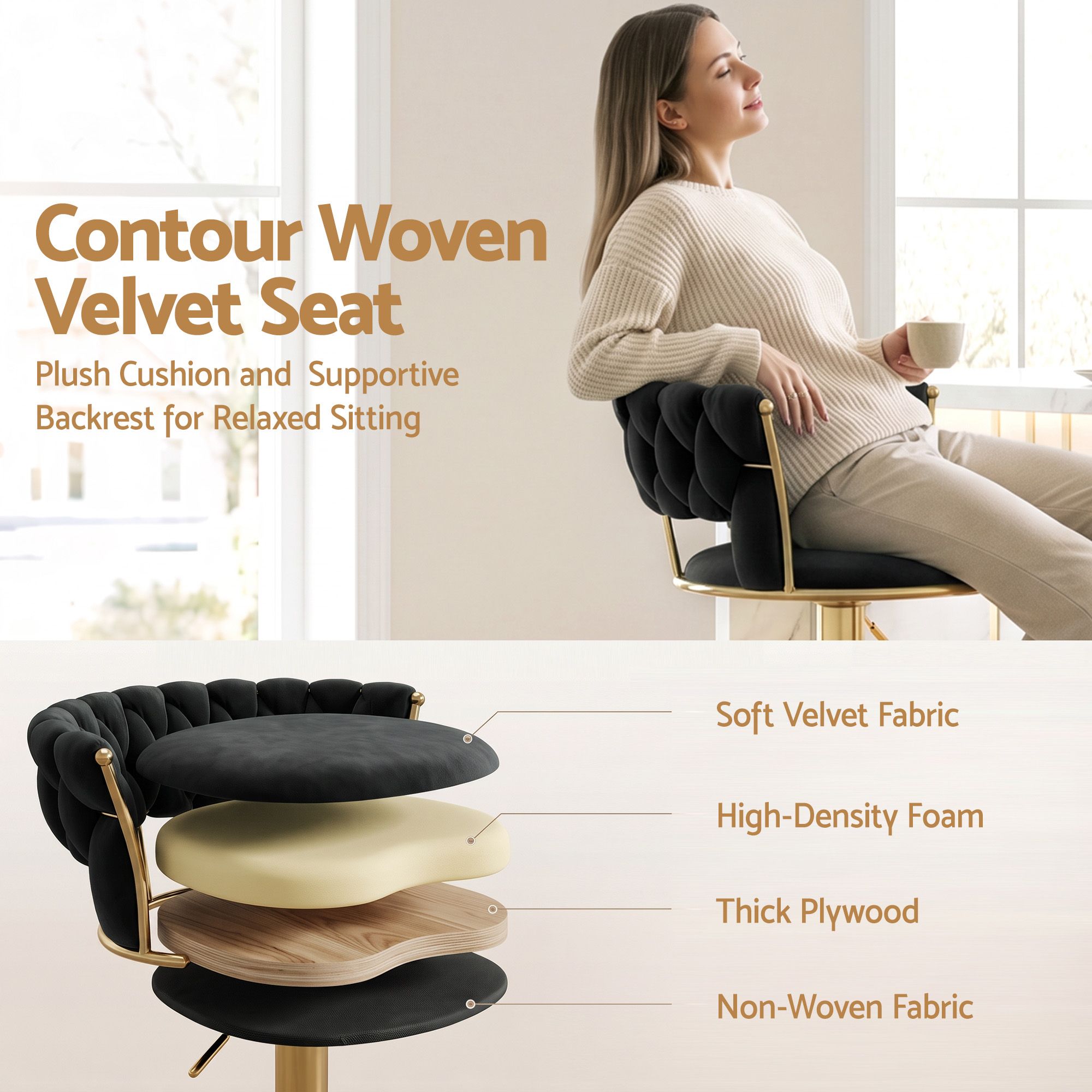 Artiss 3x Bar Stools Gas Lift Adjustable Velvet Woven Backrest Vivien Black Bedworld