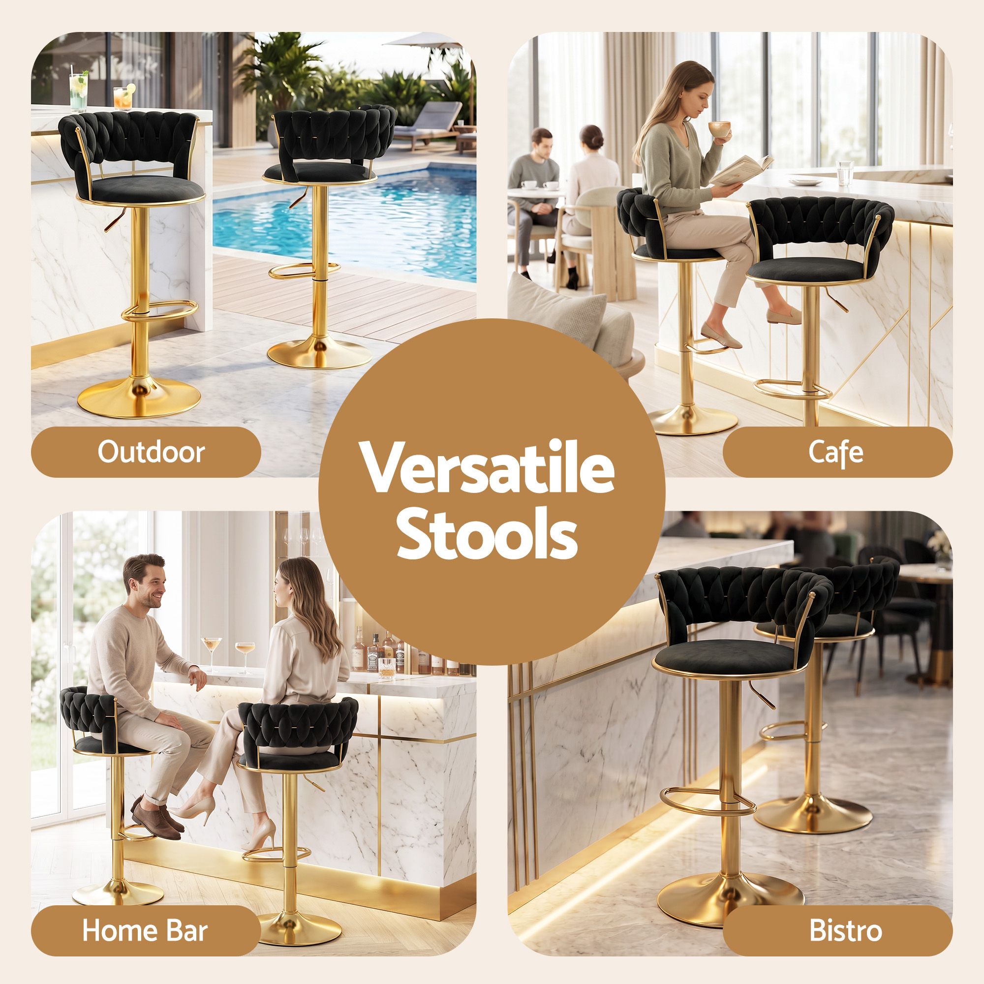Artiss 3x Bar Stools Gas Lift Adjustable Velvet Woven Backrest Vivien Black Bedworld