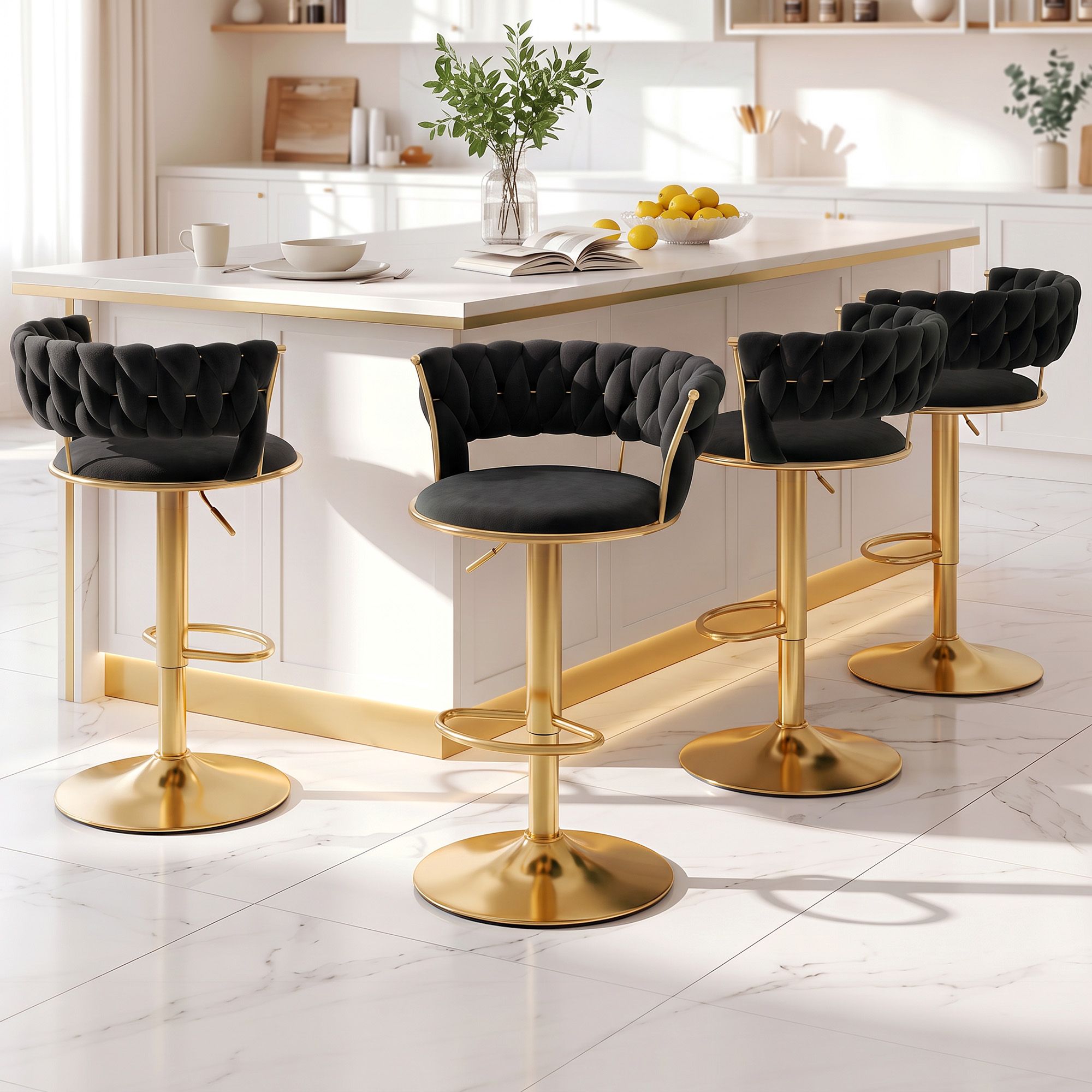 Artiss 4x Bar Stools Gas Lift Adjustable Velvet Woven Backrest Vivien Black Bedworld