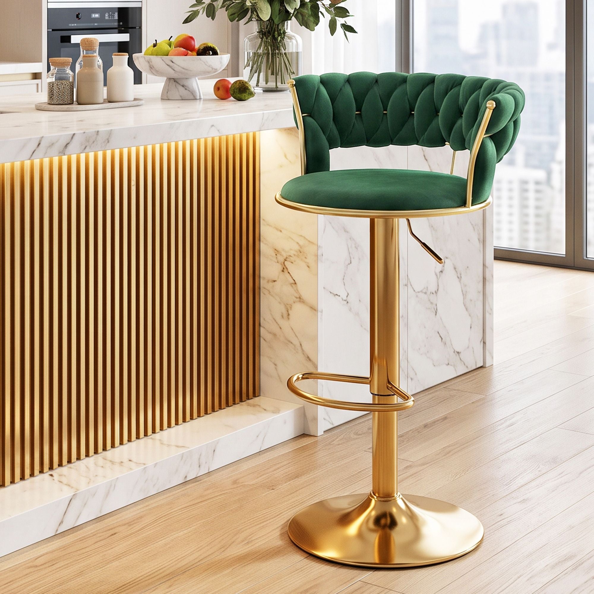 Artiss Bar Stool X1 Gas Lift Adjustable Velvet Woven Backrest Vivien Green Bedworld