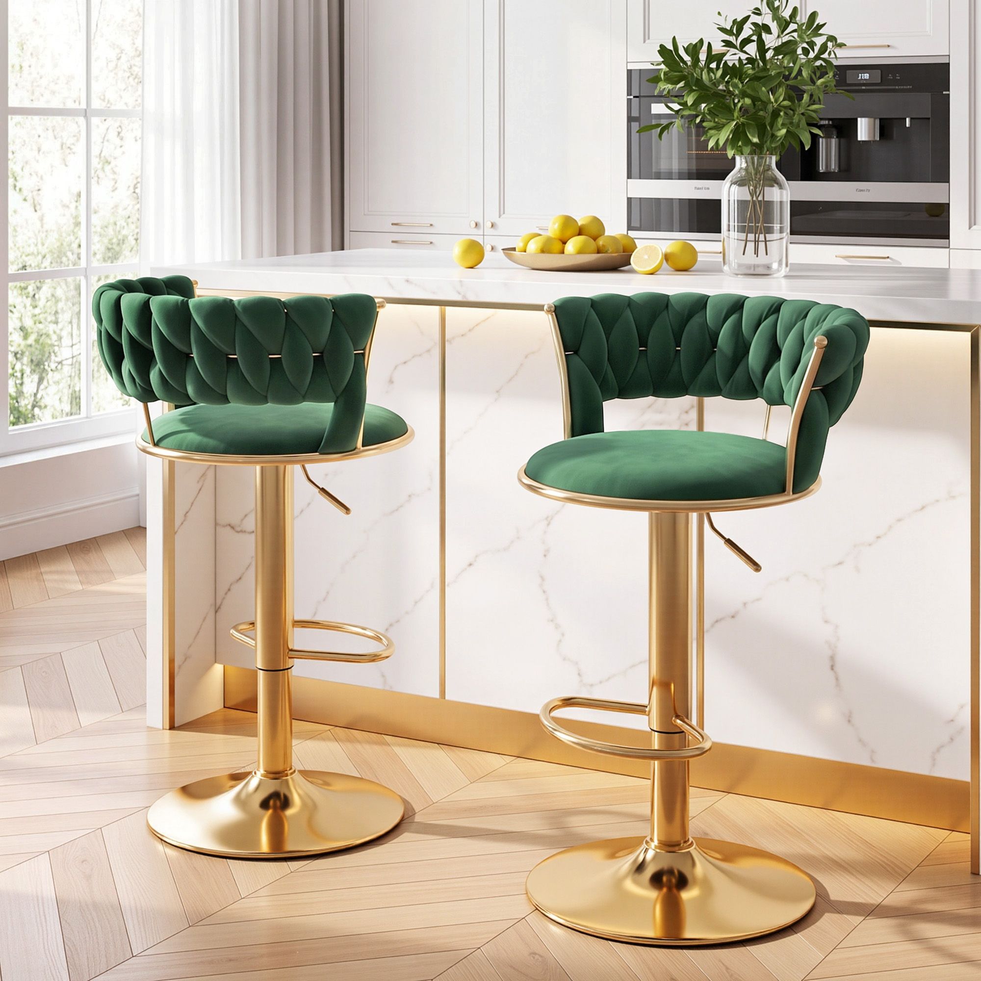 Artiss 2x Bar Stools Gas Lift Adjustable Velvet Woven Backrest Vivien Green Bedworld