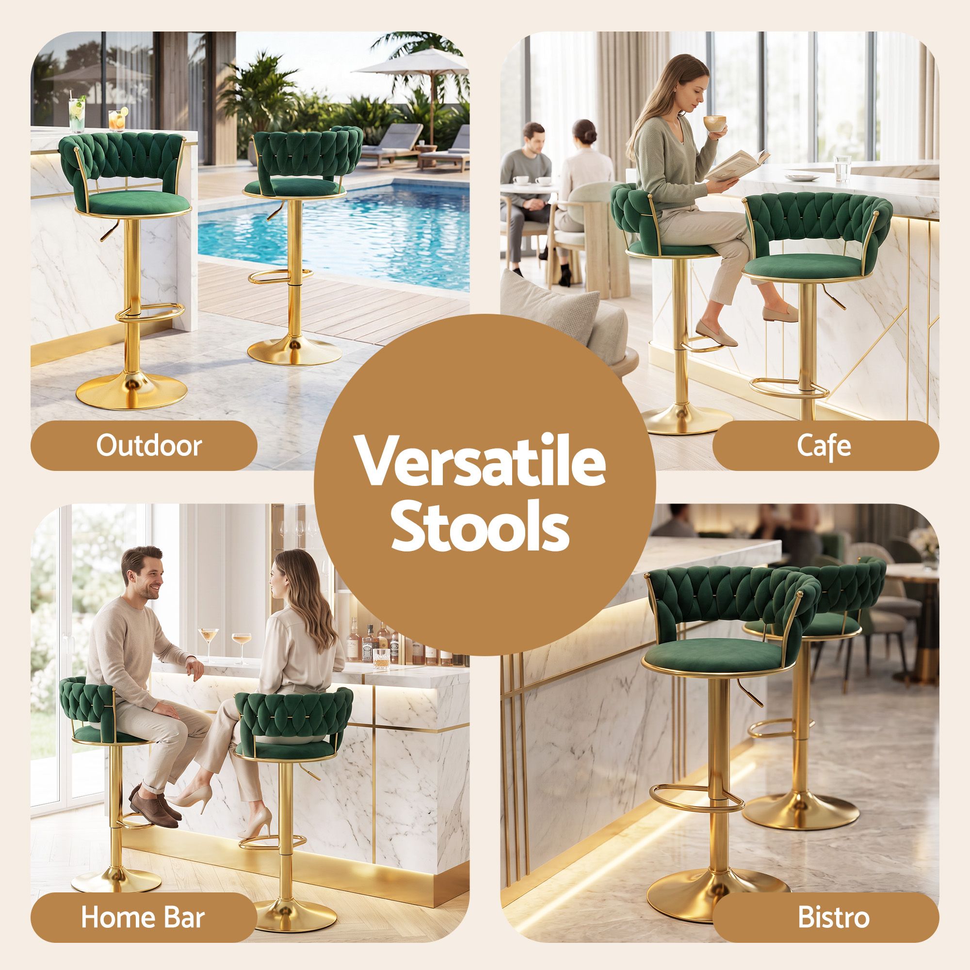 Artiss 2x Bar Stools Gas Lift Adjustable Velvet Woven Backrest Vivien Green Bedworld