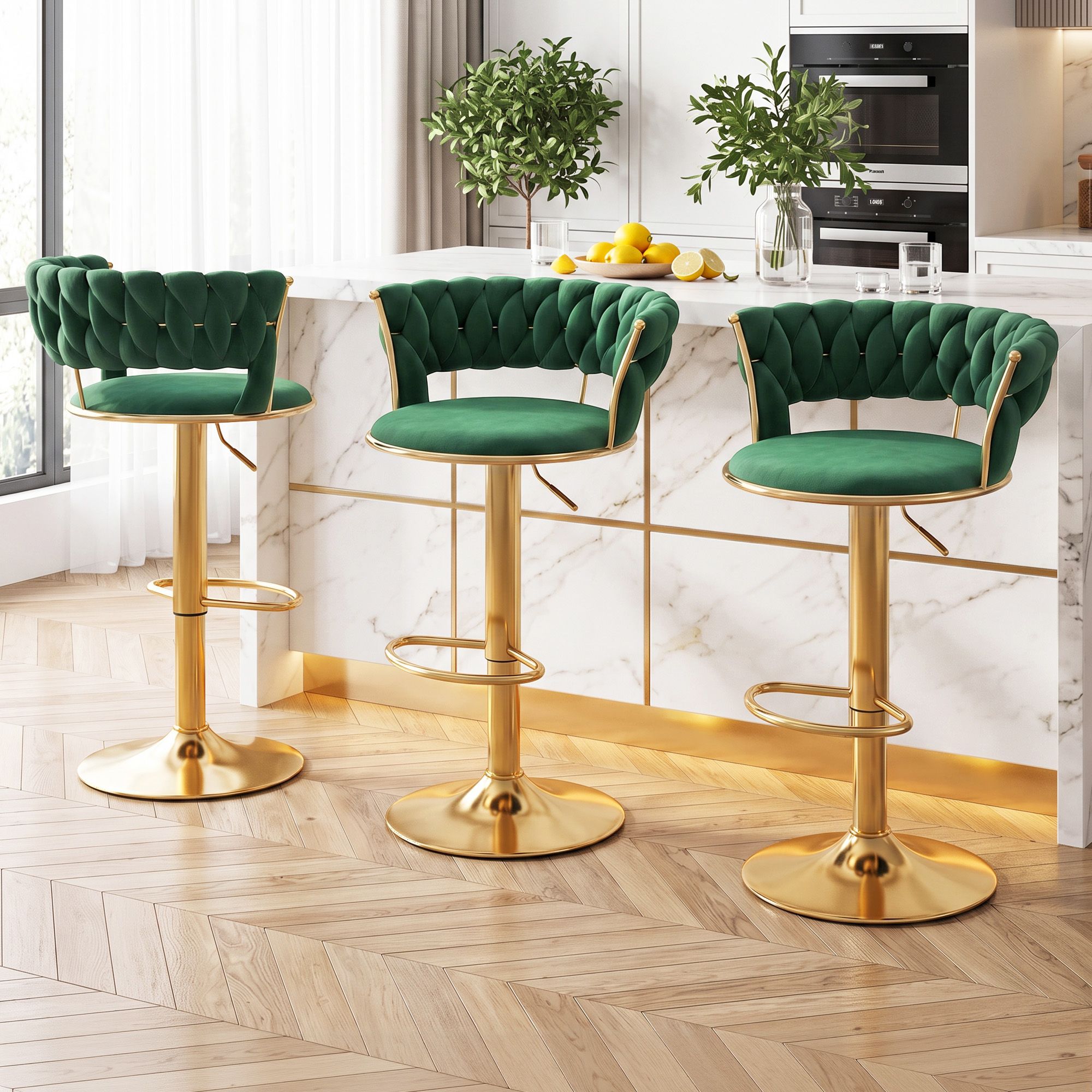 Artiss 3x Bar Stools Gas Lift Adjustable Velvet Woven Backrest Vivien Green Bedworld