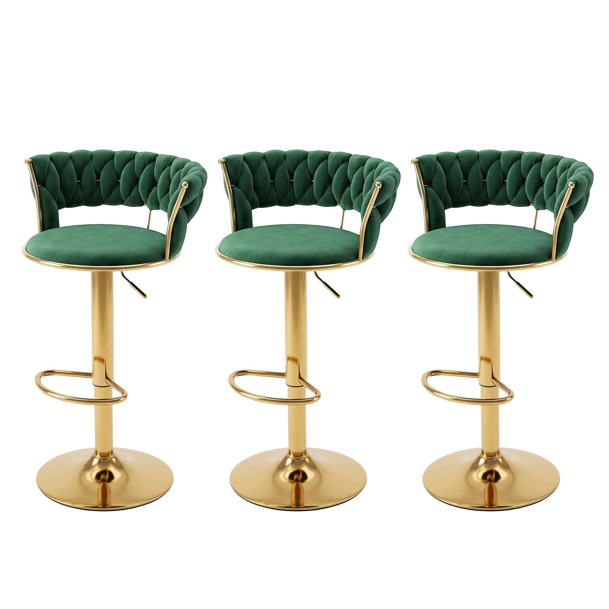 Artiss 3x Bar Stools Gas Lift Adjustable Velvet Woven Backrest Vivien Green Bedworld