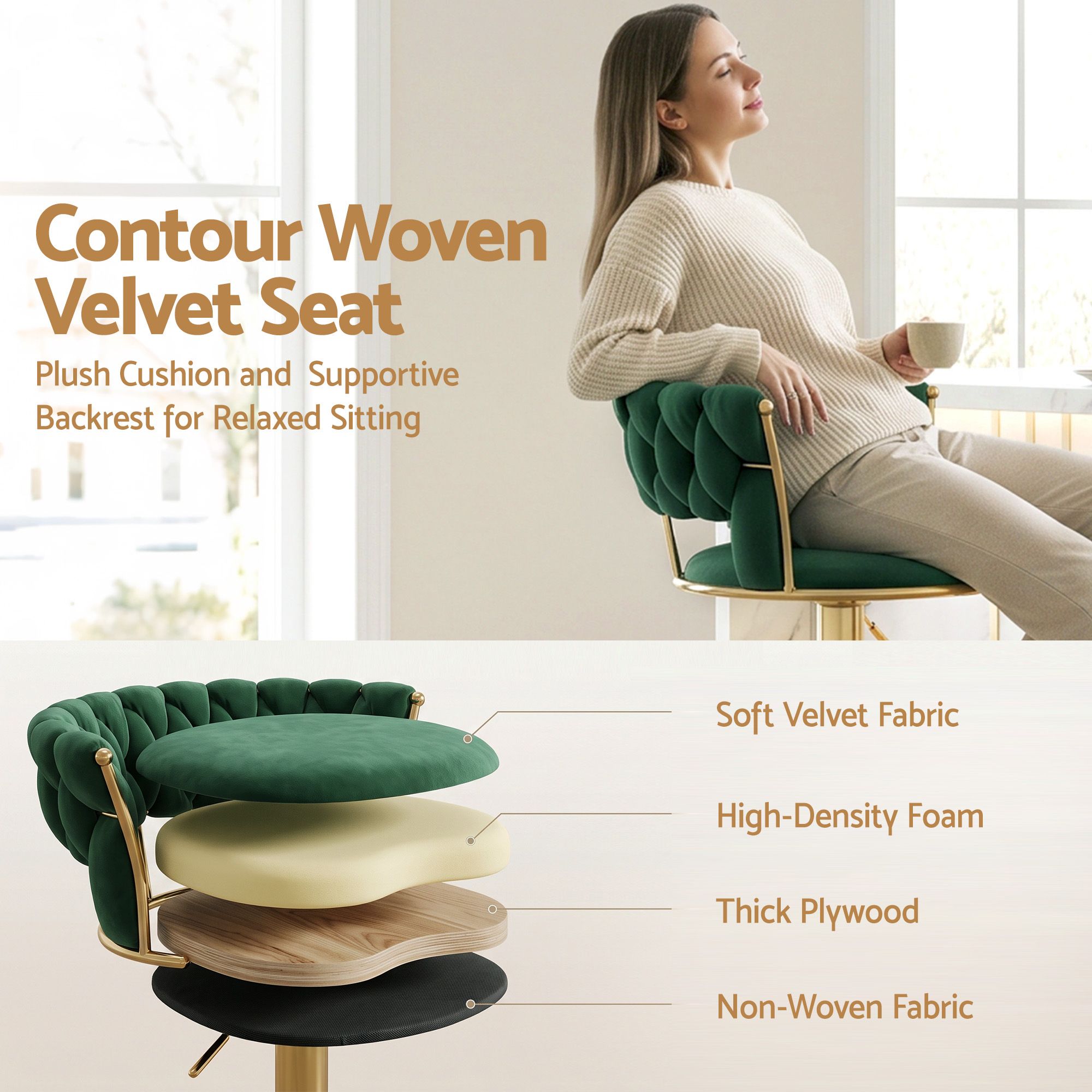 Artiss 3x Bar Stools Gas Lift Adjustable Velvet Woven Backrest Vivien Green Bedworld