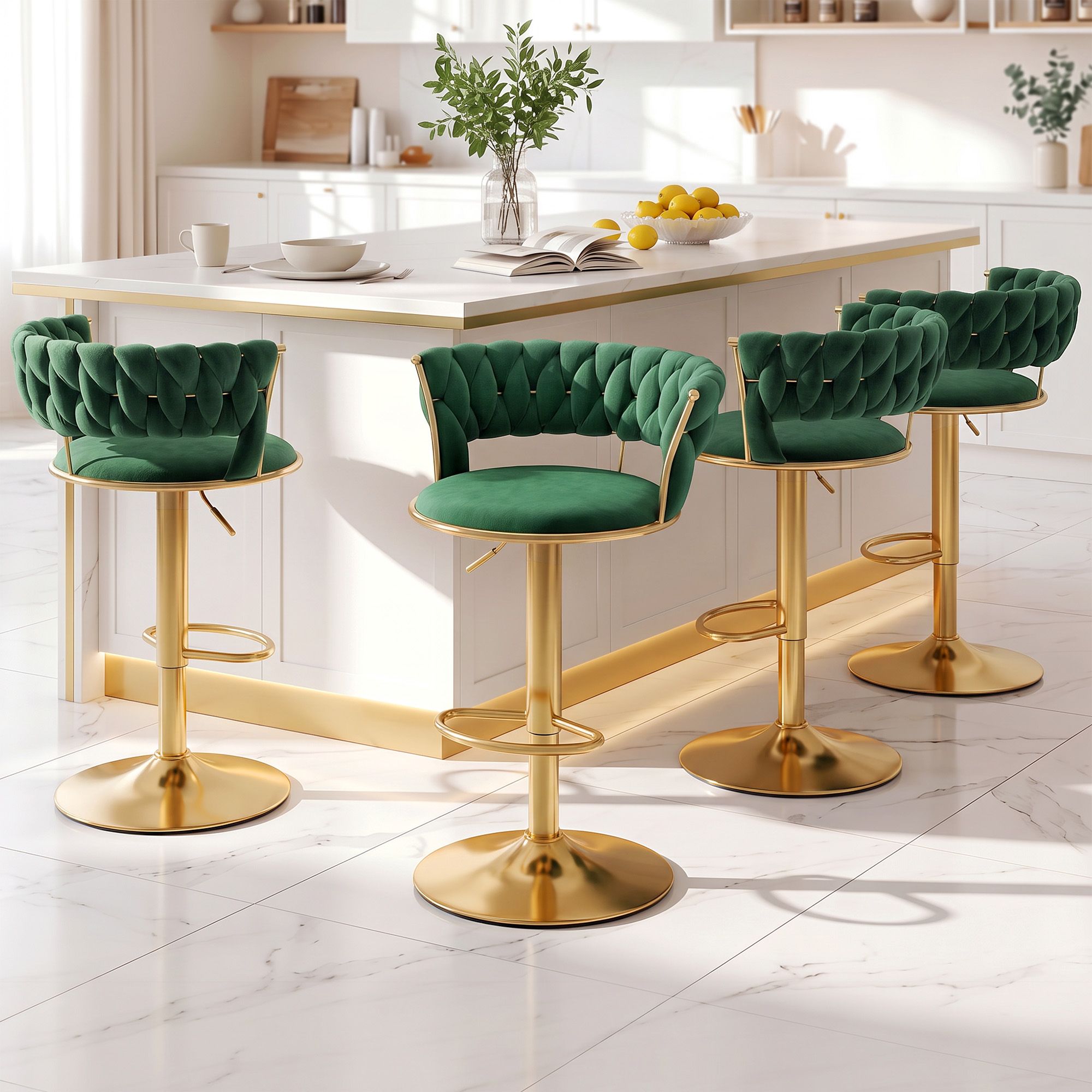 Artiss 4x Bar Stools Gas Lift Adjustable Velvet Woven Backrest Vivien Green Bedworld