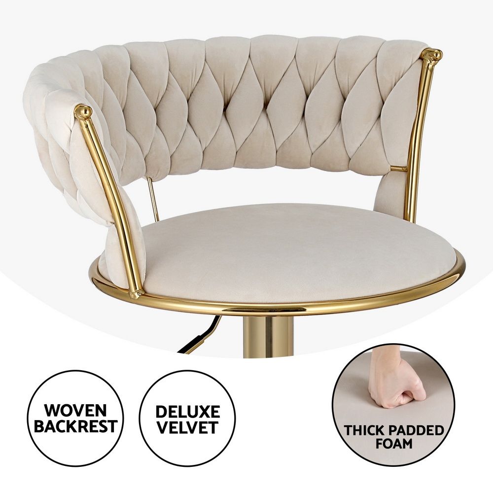 Artiss Bar Stools X3 Kitchen Counter Chair Gas Lift Velvet Woven Backrest Ivory Bedworld