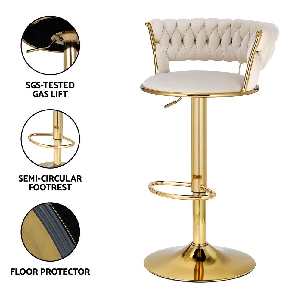 Artiss Bar Stools X3 Kitchen Counter Chair Gas Lift Velvet Woven Backrest Ivory Bedworld