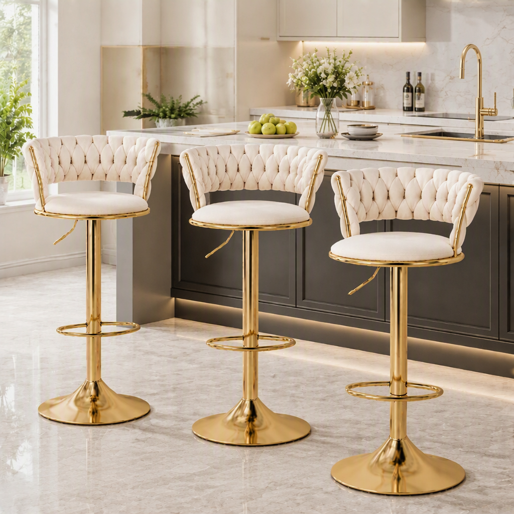 Artiss Bar Stools X3 Kitchen Counter Chair Gas Lift Velvet Woven Backrest Ivory Bedworld