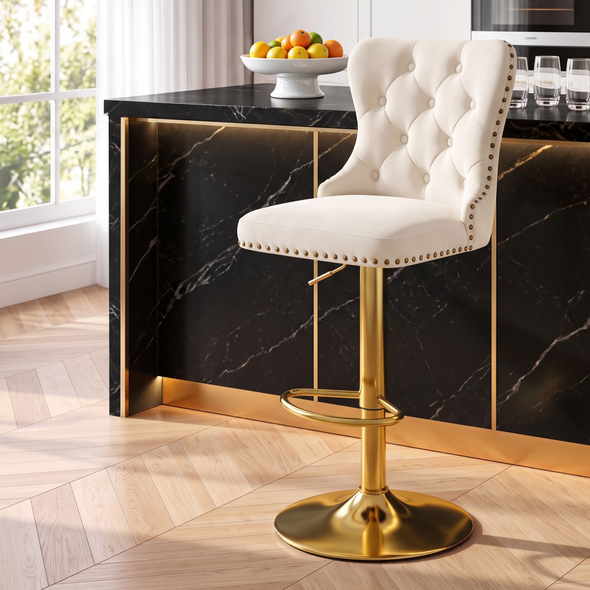 Artiss 1x Bar Stool Counter Chair Kitchen Adjustable Nailhead Trim Velvet Ivory Bedworld