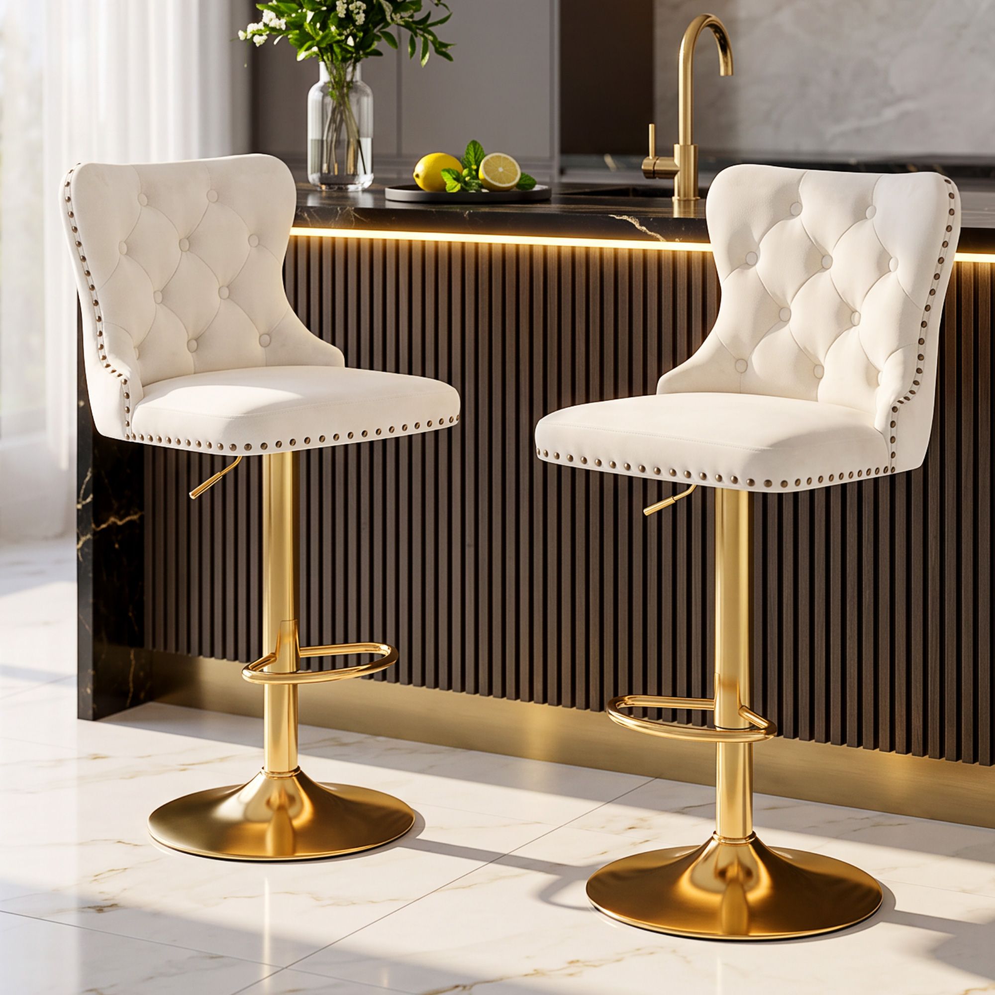 Artiss 2x Bar Stools Counter Chair Kitchen Adjustable Nailhead Trim Velvet Ivory Bedworld