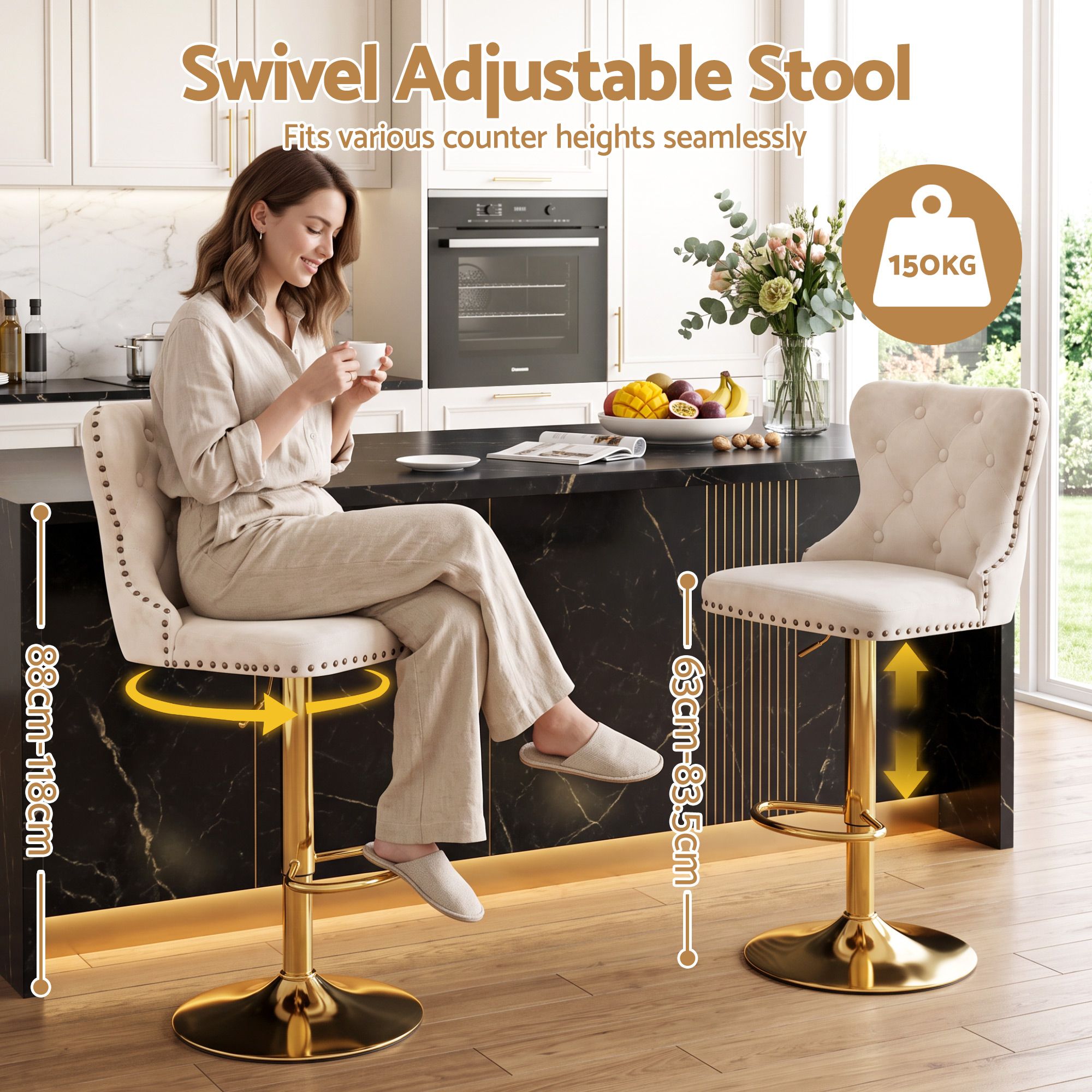 Artiss 2x Bar Stools Counter Chair Kitchen Adjustable Nailhead Trim Velvet Ivory Bedworld
