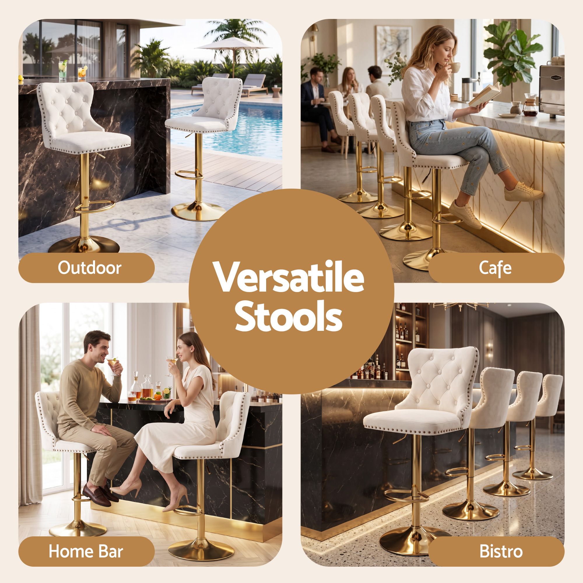 Artiss 2x Bar Stools Counter Chair Kitchen Adjustable Nailhead Trim Velvet Ivory Bedworld