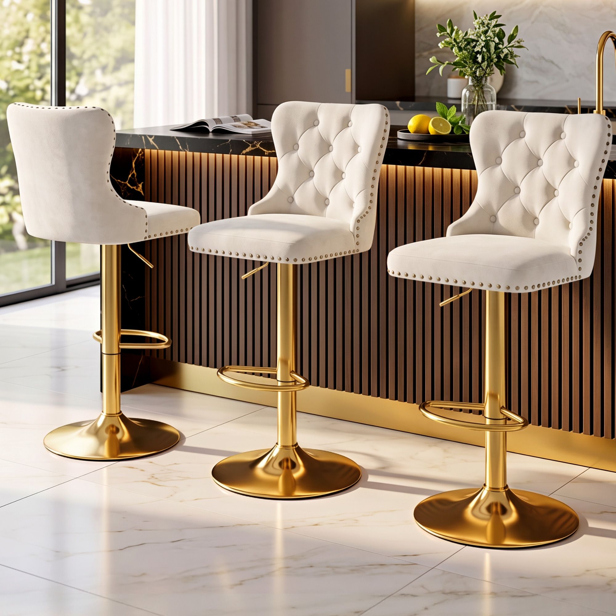 Artiss 3x Bar Stools Counter Chair Kitchen Adjustable Nailhead Trim Velvet Ivory Bedworld