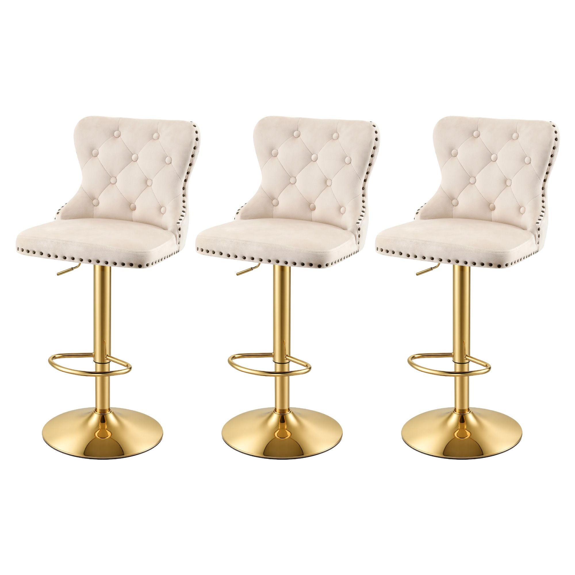 Artiss 3x Bar Stools Counter Chair Kitchen Adjustable Nailhead Trim Velvet Ivory Bedworld