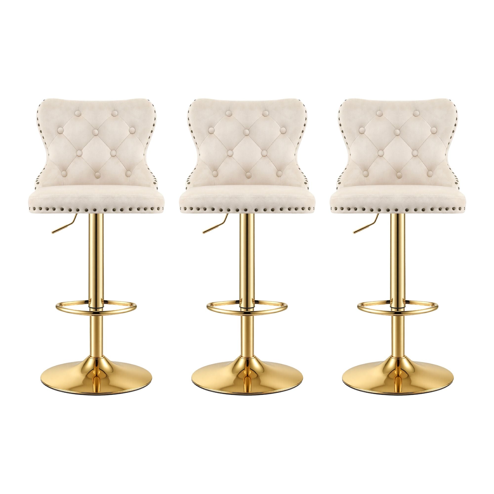 Artiss 3x Bar Stools Counter Chair Kitchen Adjustable Nailhead Trim Velvet Ivory Bedworld