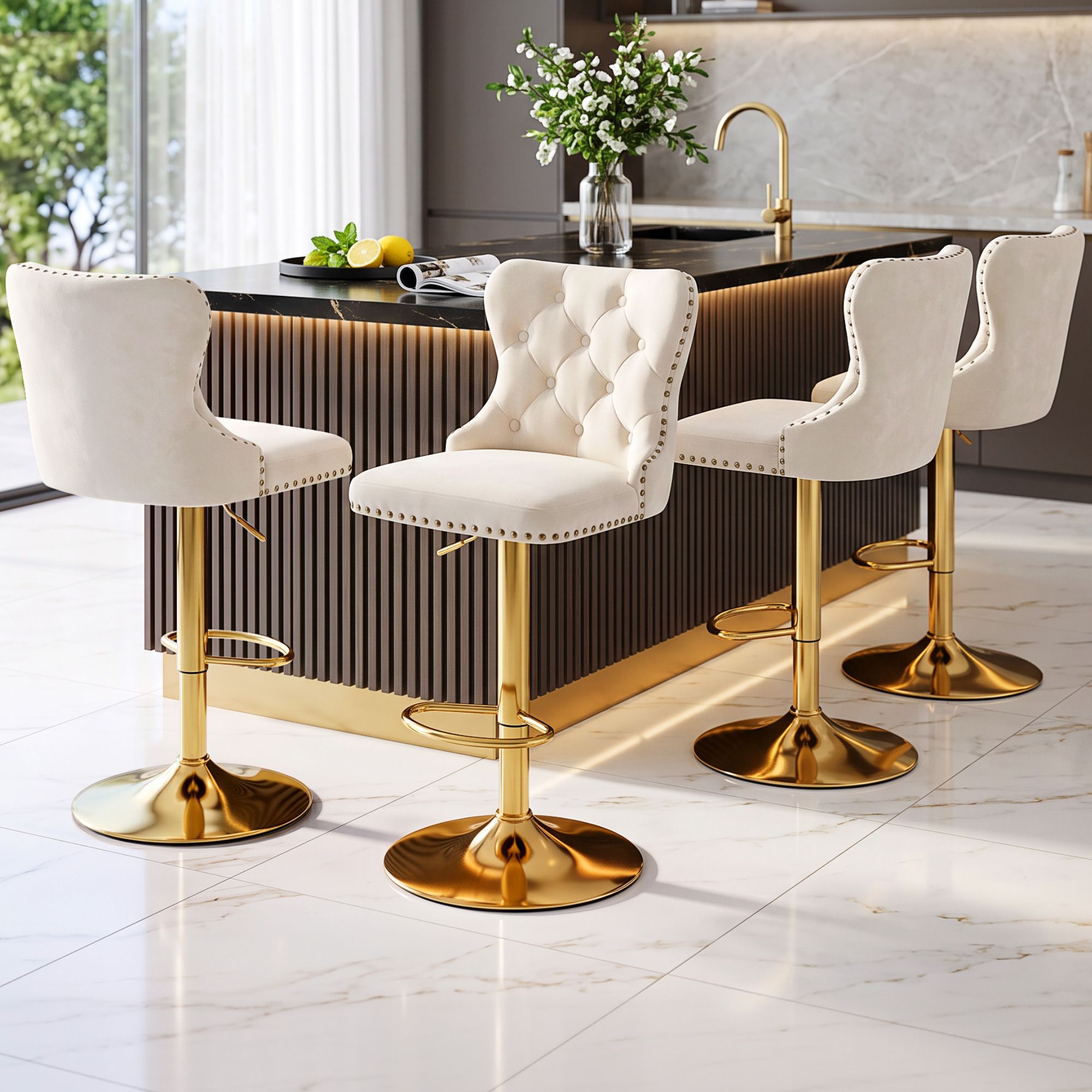 Artiss 4x Bar Stools Counter Chair Kitchen Adjustable Nailhead Trim Velvet Ivory Bedworld