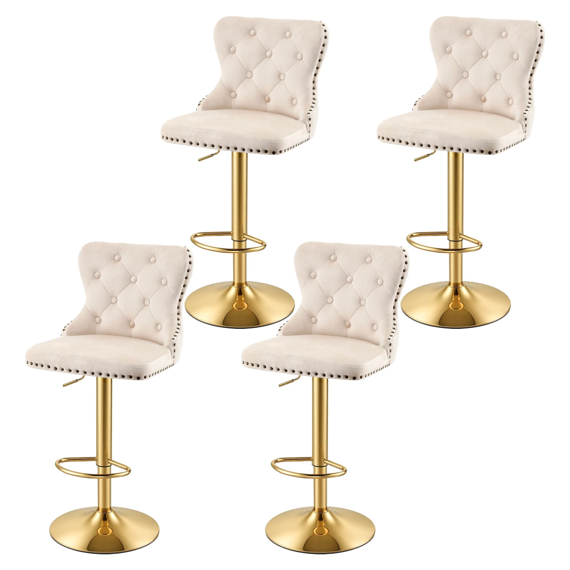 Artiss 4x Bar Stools Counter Chair Kitchen Adjustable Nailhead Trim Velvet Ivory Bedworld