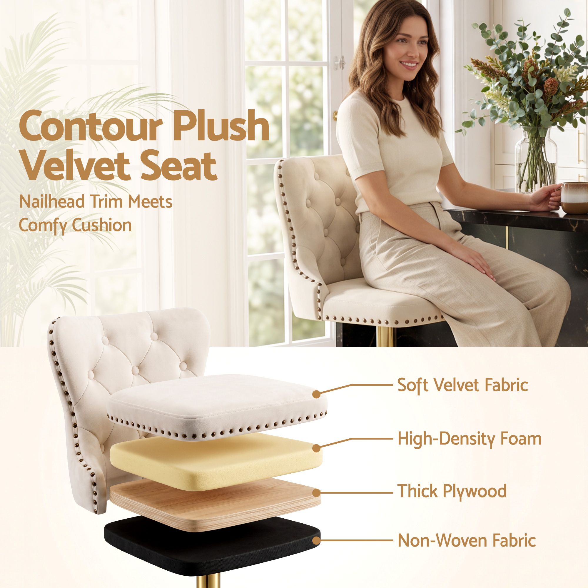 Artiss 4x Bar Stools Counter Chair Kitchen Adjustable Nailhead Trim Velvet Ivory Bedworld