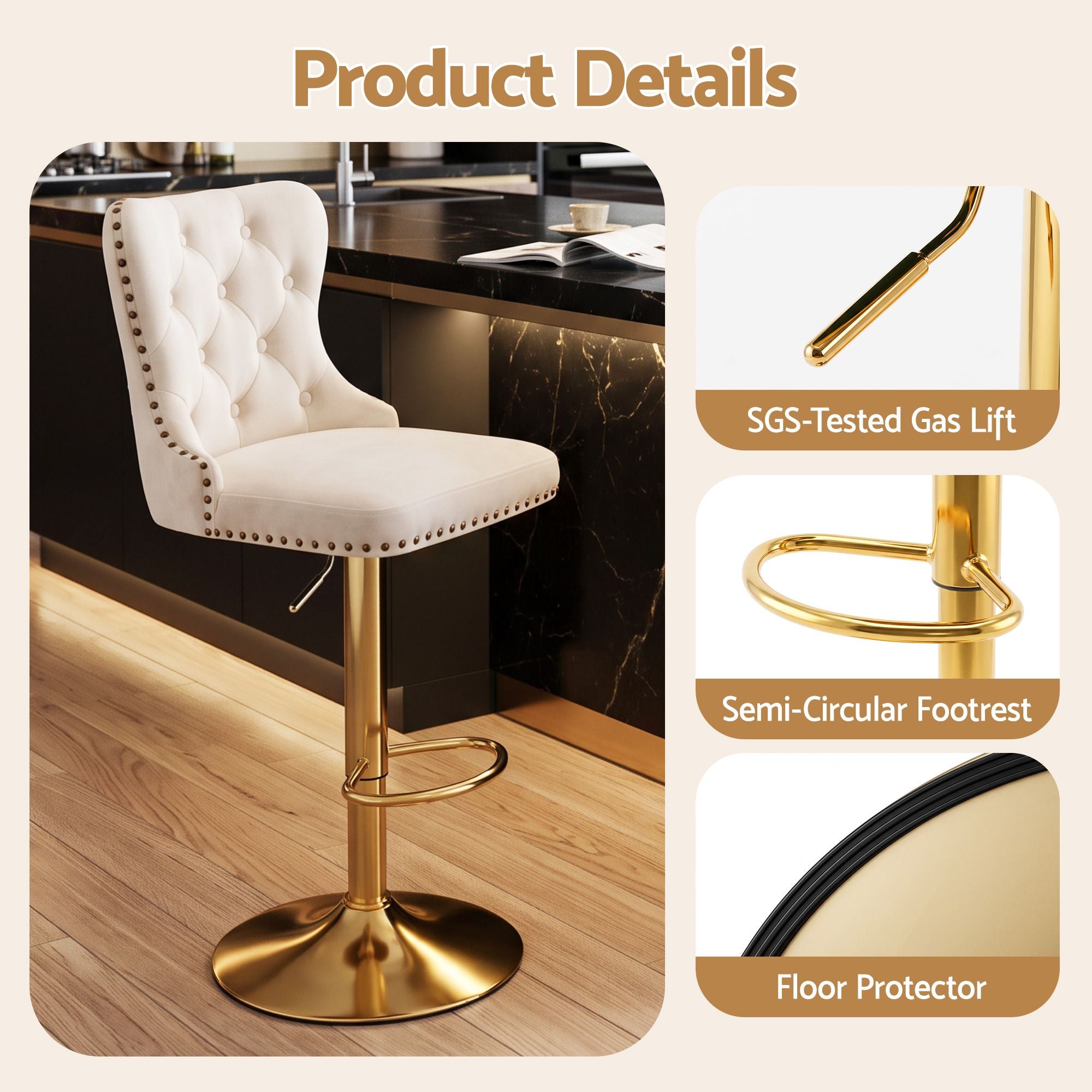 Artiss 4x Bar Stools Counter Chair Kitchen Adjustable Nailhead Trim Velvet Ivory Bedworld