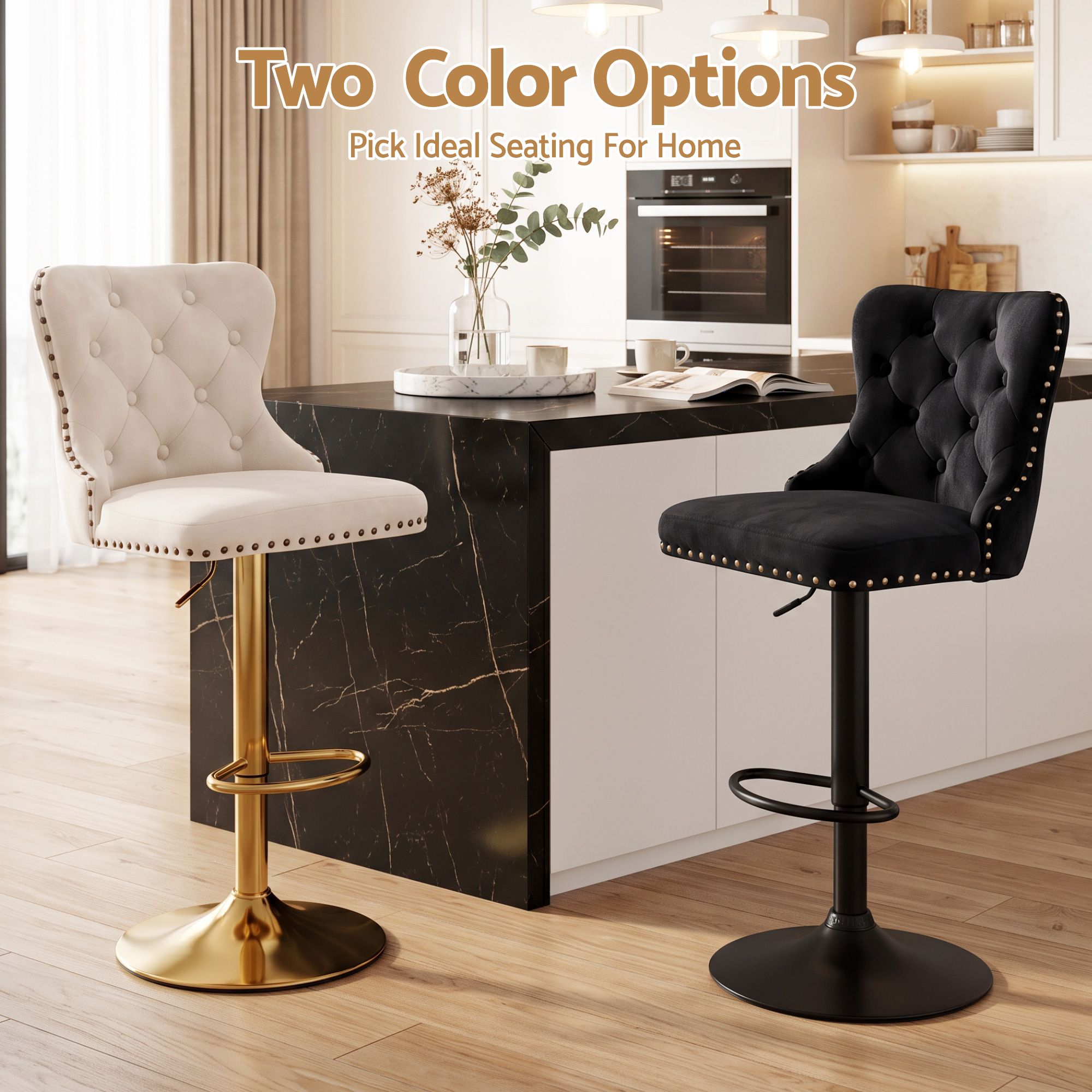 Artiss 4x Bar Stools Counter Chair Kitchen Adjustable Nailhead Trim Velvet Ivory Bedworld