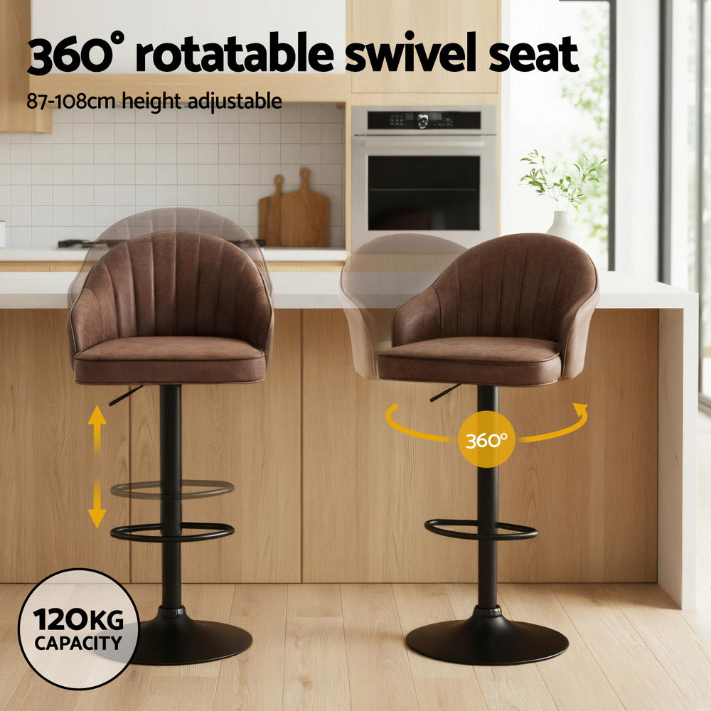 Artiss 2x Bar Stools Kitchen Swivel Gas Lift Counter Chair Shell Leather Brown Bedworld